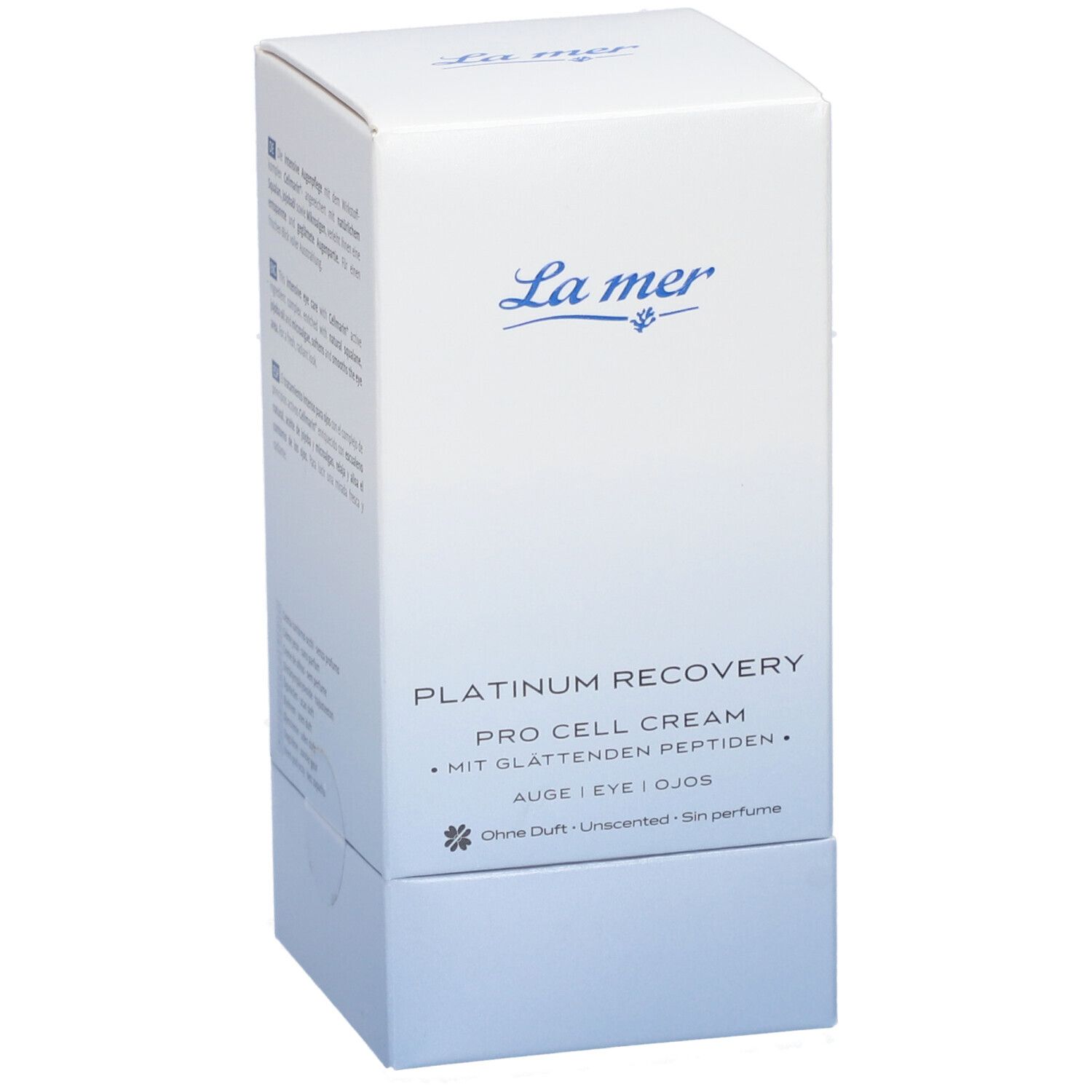 Weiße La mer Verpackung. Produktbezeichnung: Platinum Recovery Pro Cell Cream. Text: Auge/Eye/Ojos. Ohne Duft.