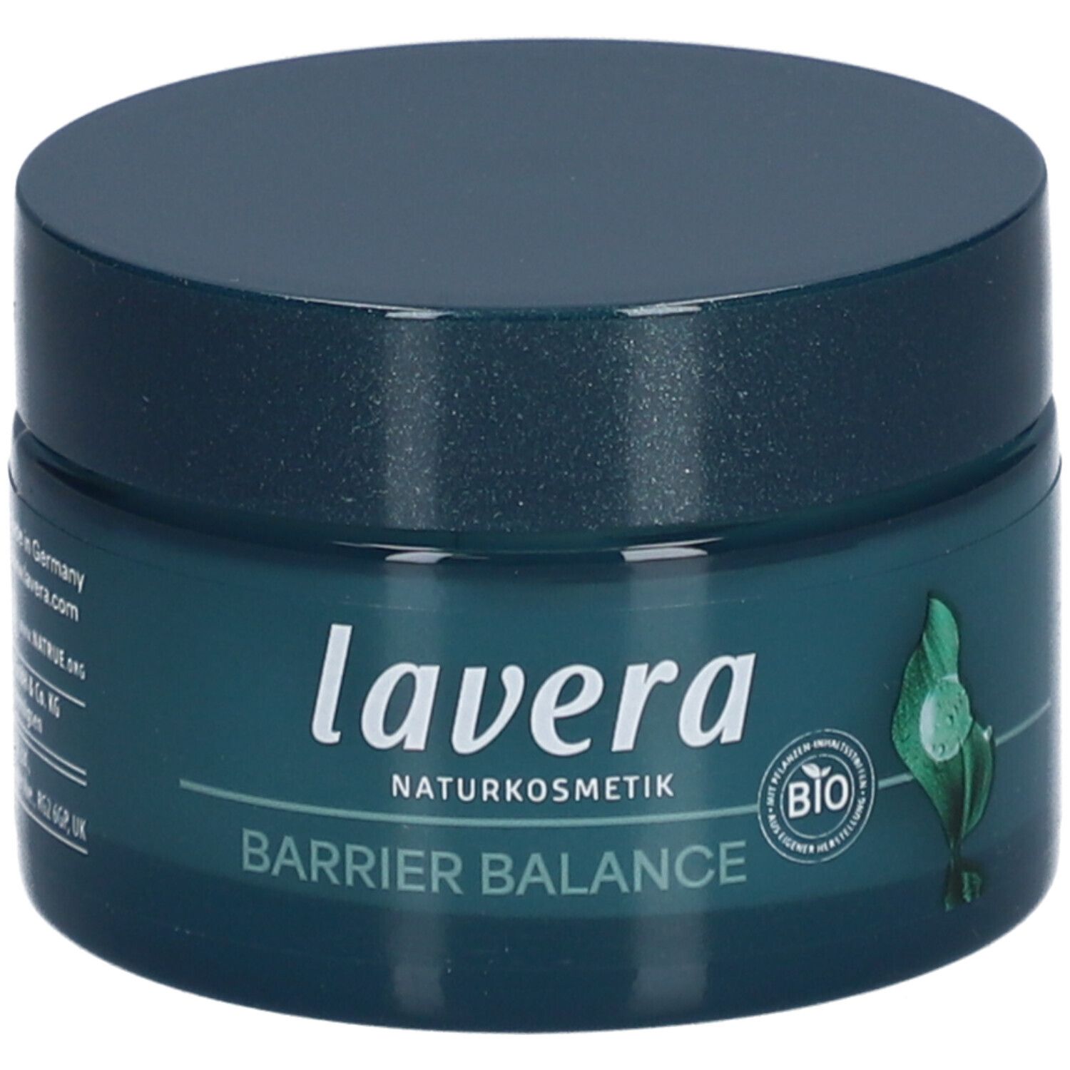 Pot vert foncé avec couvercle. Inscription : lavera NATURKOSMETIK, BARRIER BALANCE. Label bio. Illustration de plante verte.