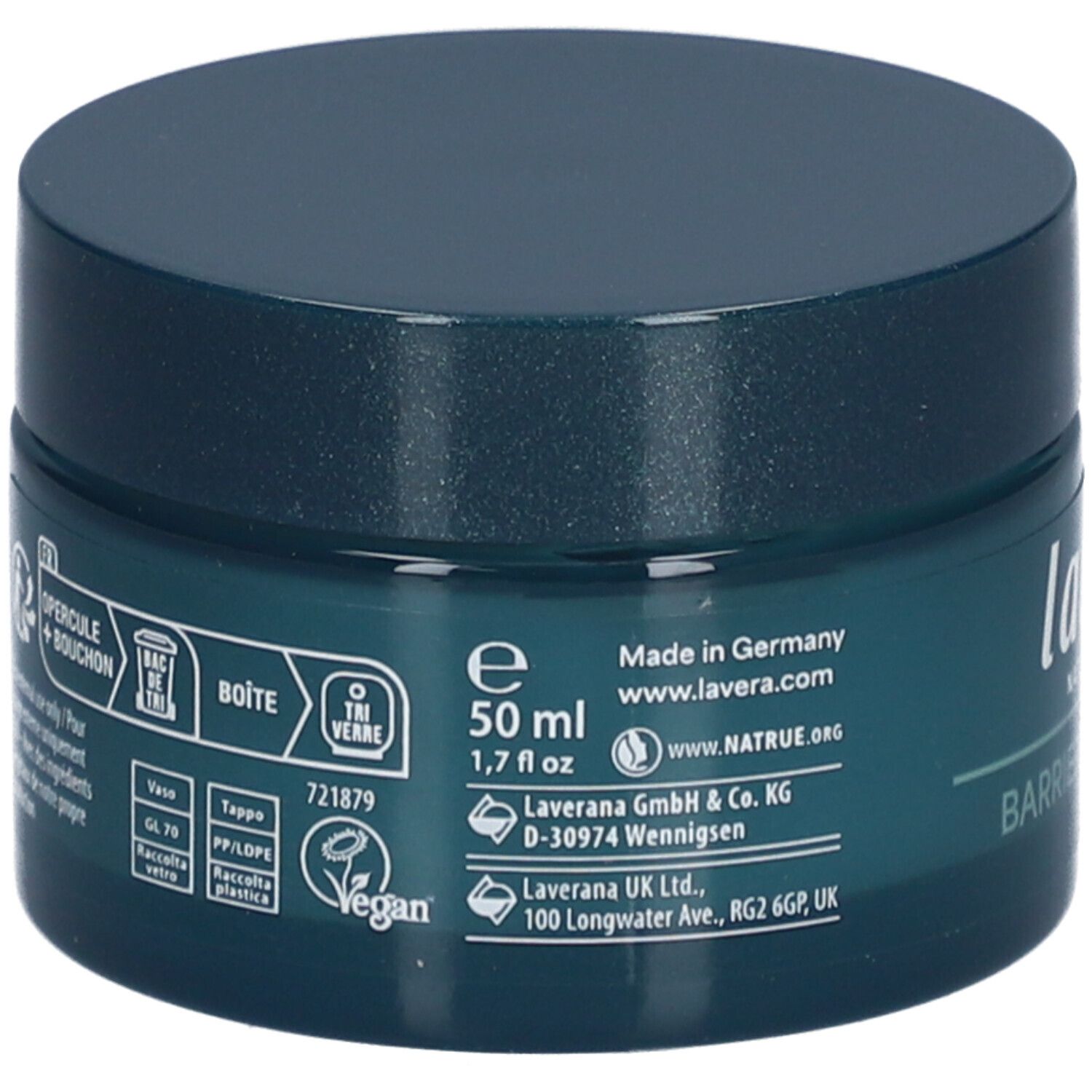 Dos du pot. Informations sur les ingrédients, le fabricant, l'adresse, volume 50 ml. Label vegan. Fabriqué en Allemagne.