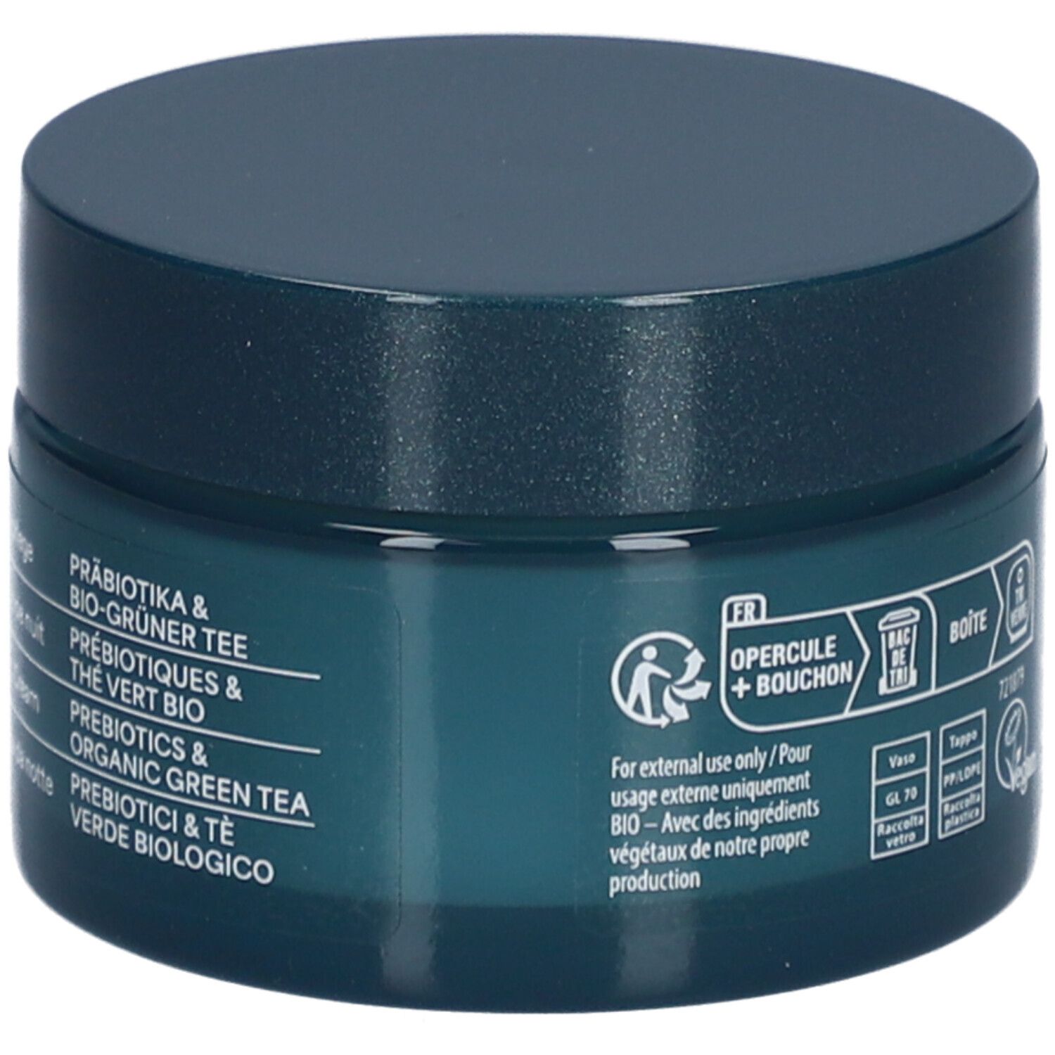 Dos du pot. Informations sur les ingrédients, le fabricant, l'adresse, volume 50 ml. Label vegan. Fabriqué en Allemagne.