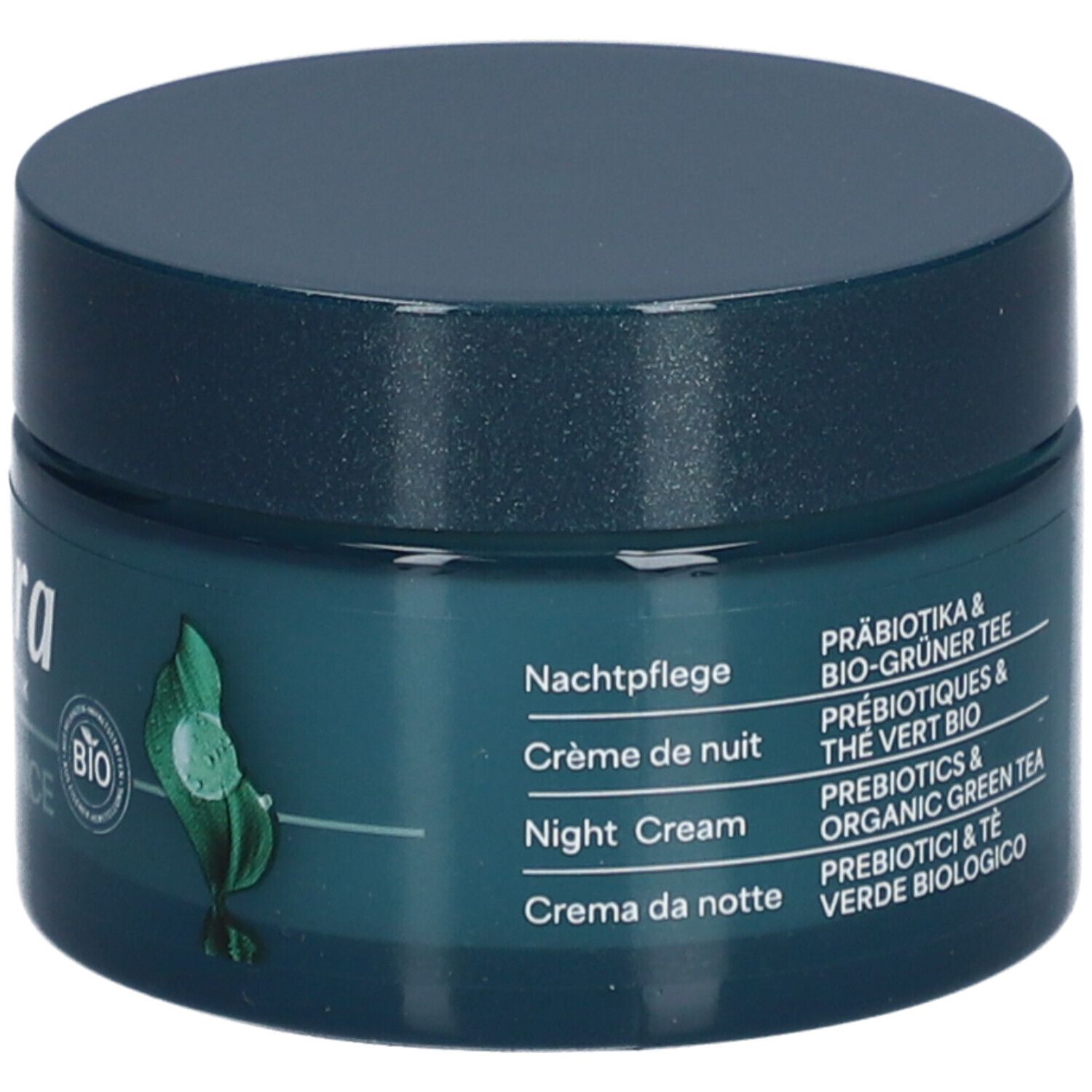 Pot vert foncé avec couvercle. Inscription : lavera, Crème de nuit, Night Cream, Crema da notte. Label bio.