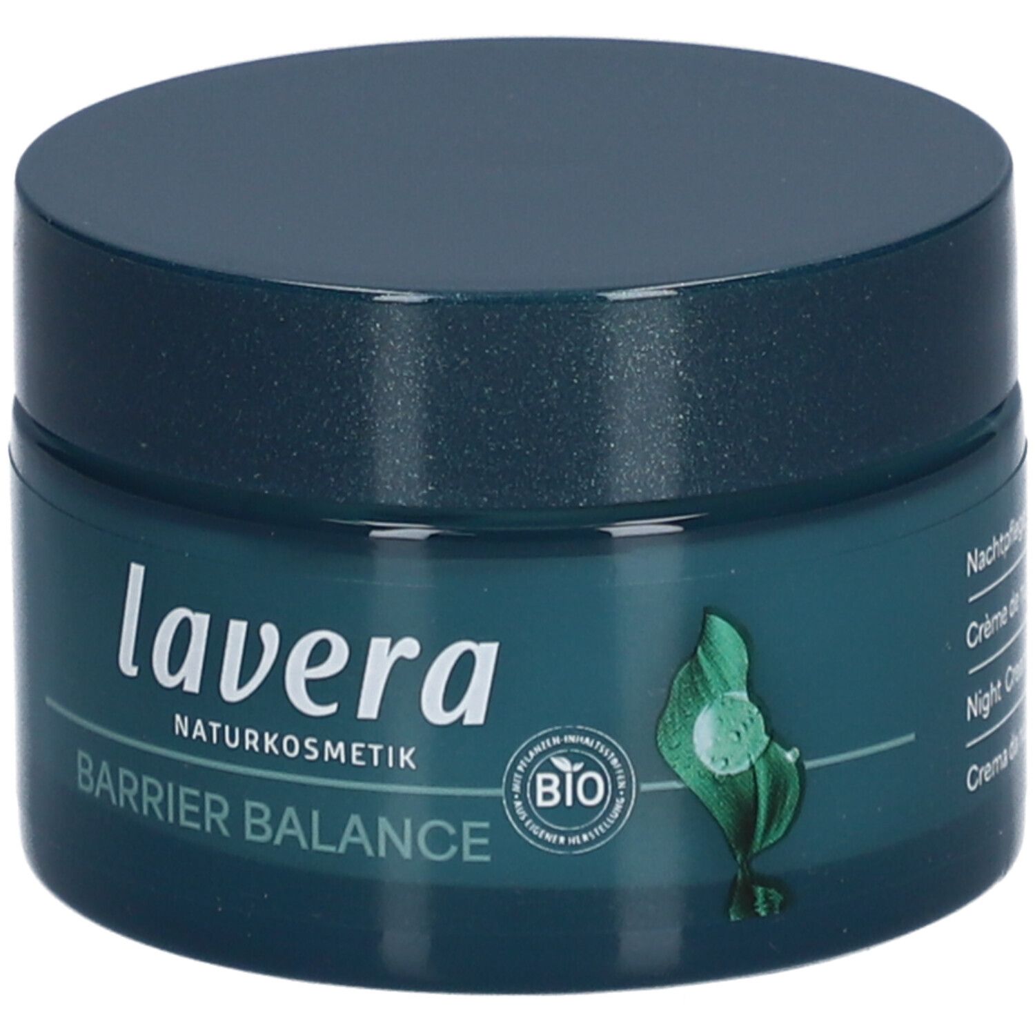 Pot vert foncé avec couvercle. Inscription : lavera NATURKOSMETIK, BARRIER BALANCE. Label bio. Illustration de plante verte.