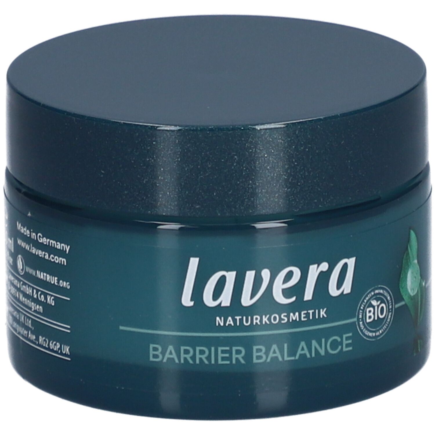 Pot vert foncé avec couvercle. Inscription : lavera NATURKOSMETIK, BARRIER BALANCE. Label bio. Illustration de plante verte.