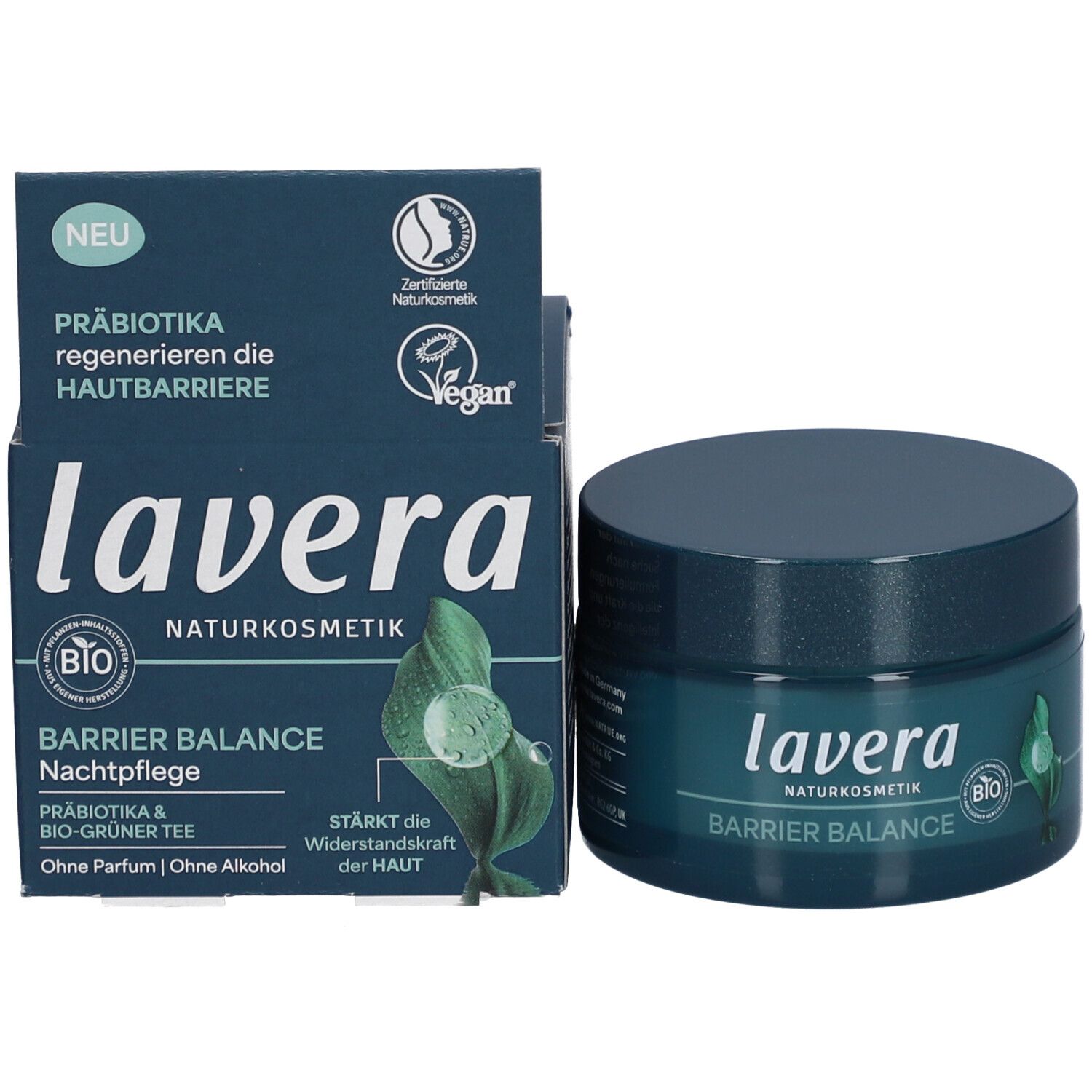 Emballage et pot. Emballage : lavera, BARRIER BALANCE Nachtpflege. Label bio, label vegan. Pot : BARRIER BALANCE.