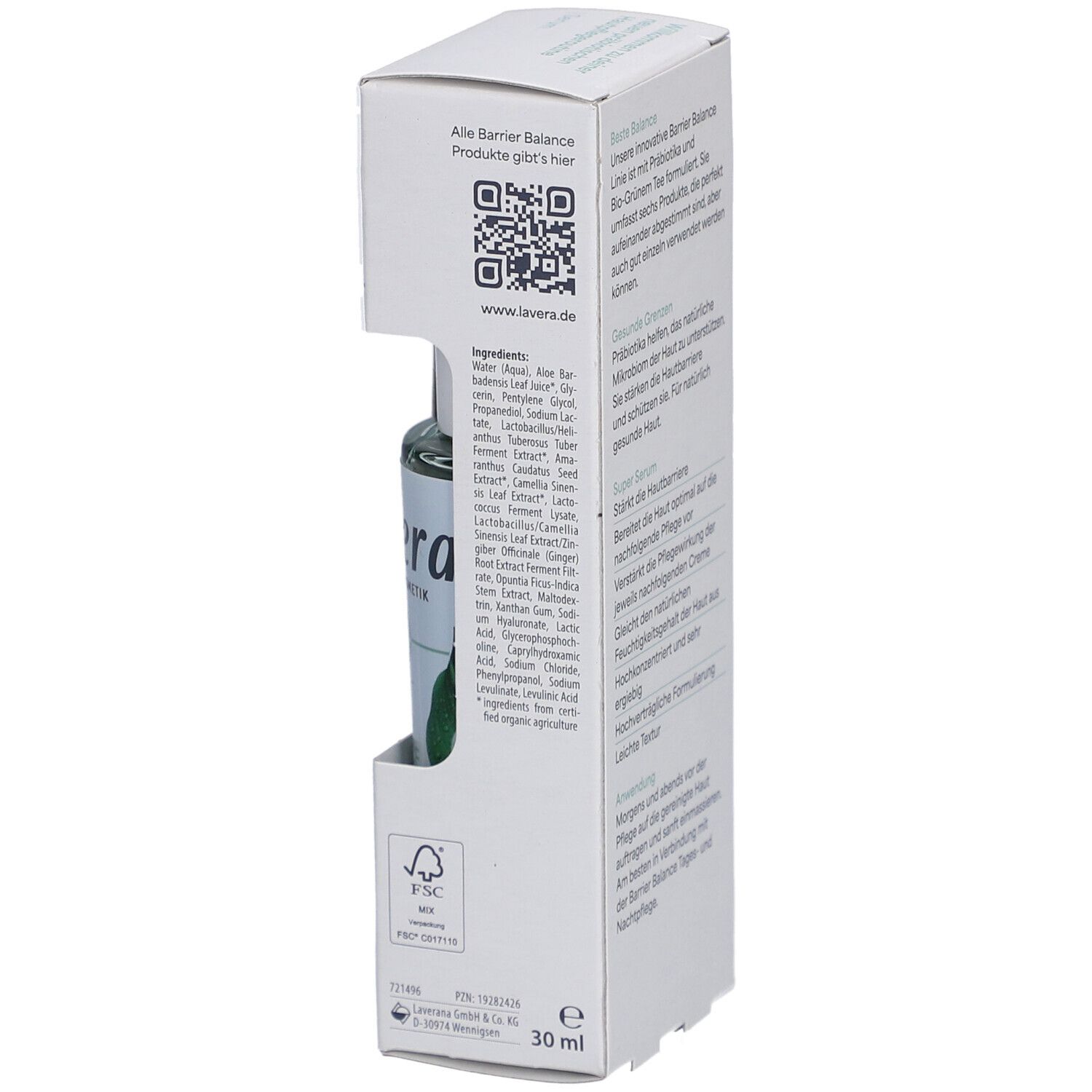 Vue latérale de l'emballage du produit. Texte : lavera, ingrédients, label FSC, 30 ml. Code QR et plus d'informations.