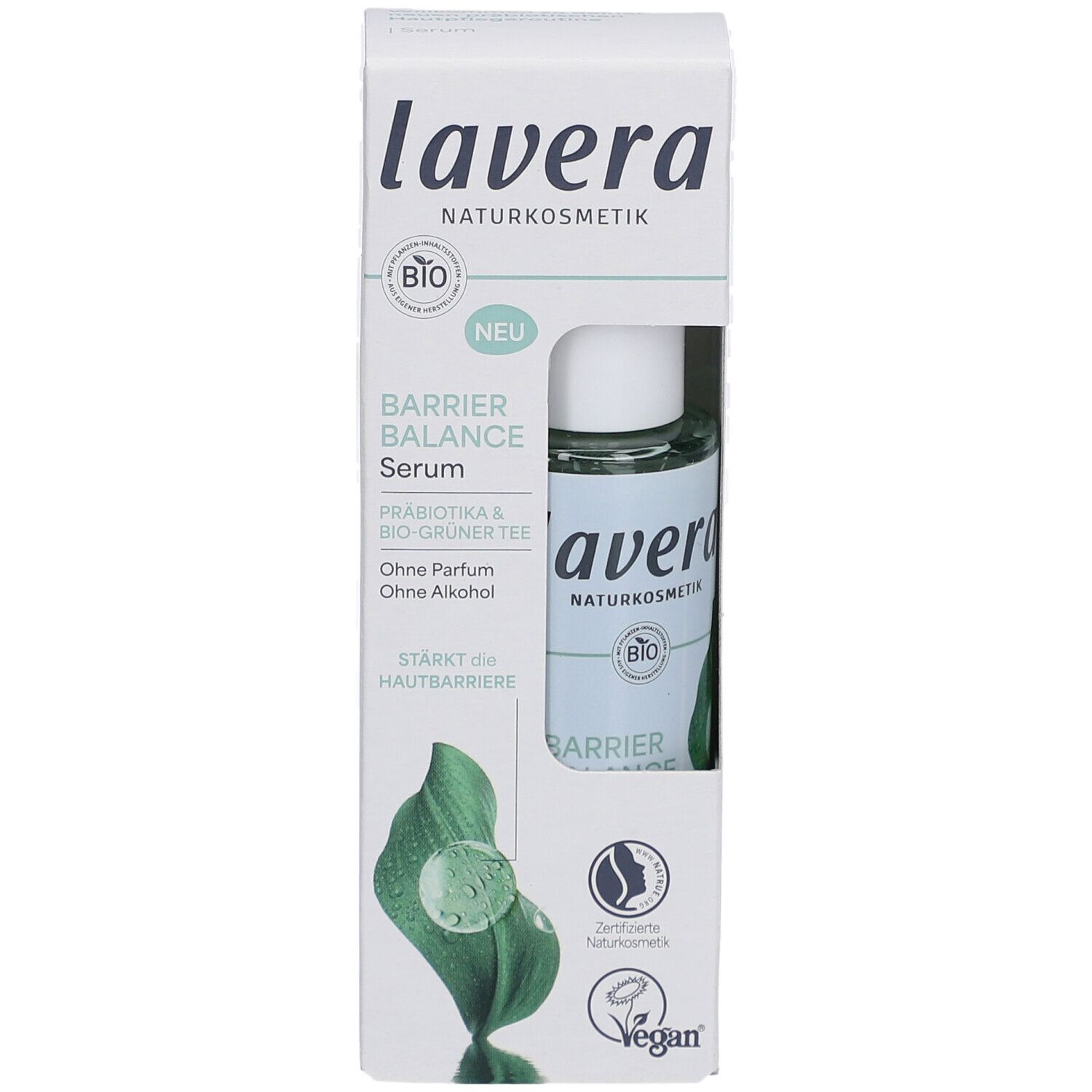 Emballage du produit avec flacon de sérum. Inscriptions : lavera, Barrier Balance Serum, label bio, vegan. Couleurs vert et blanc.