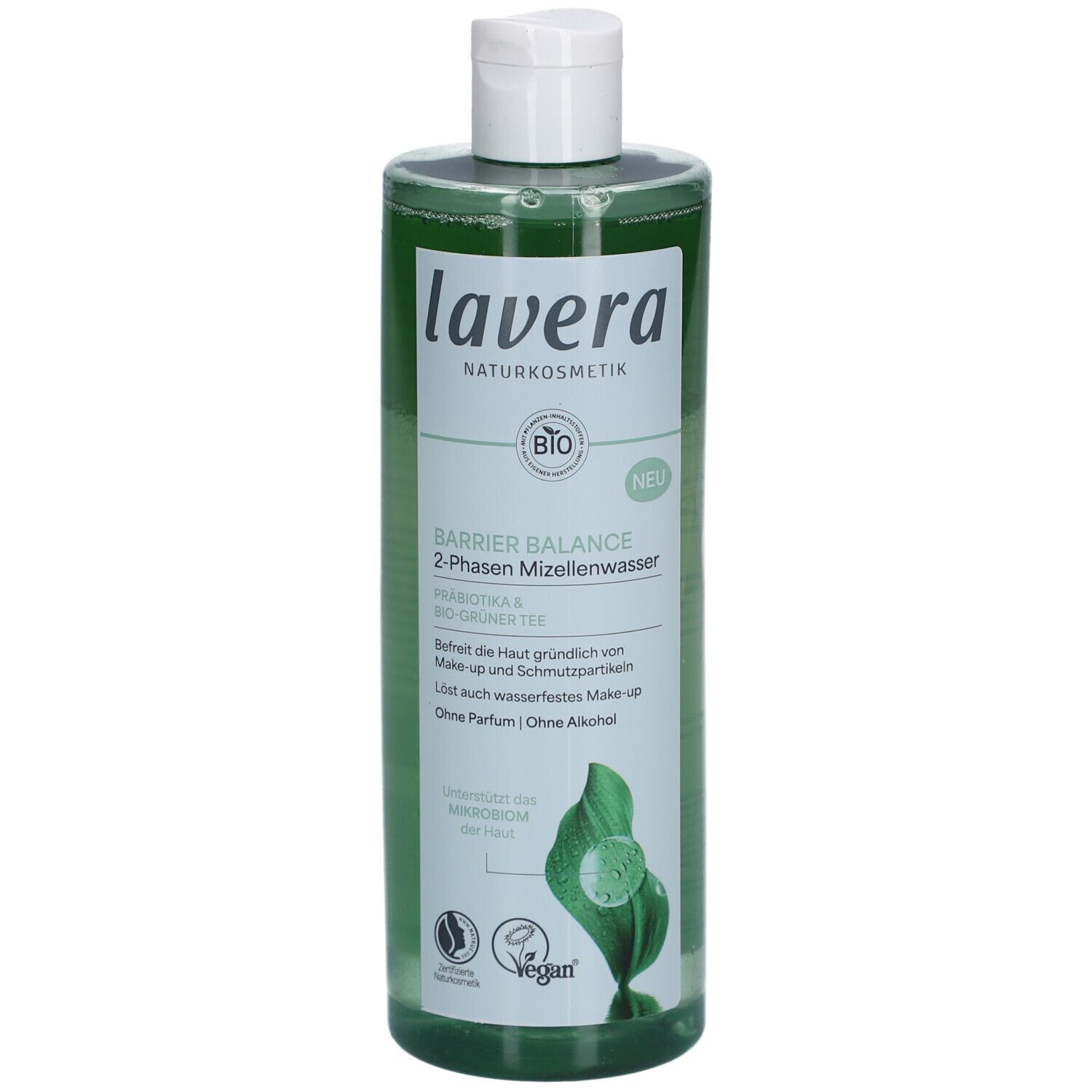 Flacon vert avec bouchon blanc. Inscription: lavera, Barrier Balance 2-Phasen Mizellenwasser. Label bio et logo vegan.