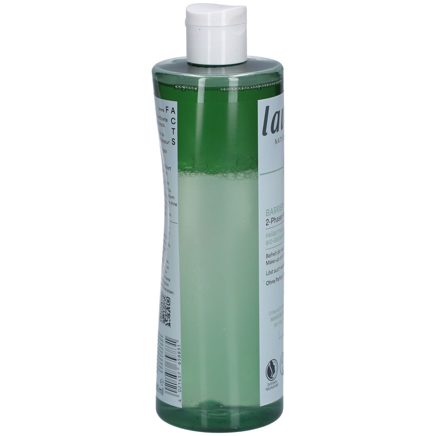 Flacon vert avec bouchon blanc. Texte et code QR sur le côté. Liquide visible à l'intérieur.