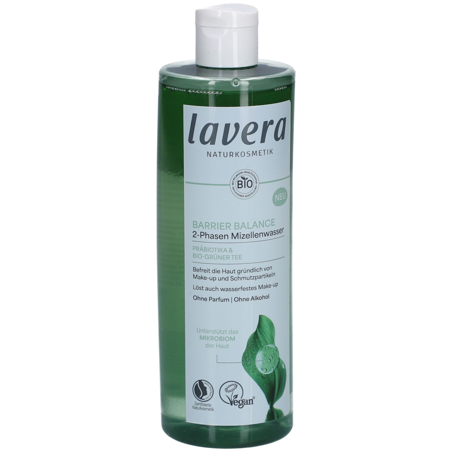 Flacon vert avec bouchon blanc. Inscription: lavera, Barrier Balance 2-Phasen Mizellenwasser. Label bio et logo vegan.