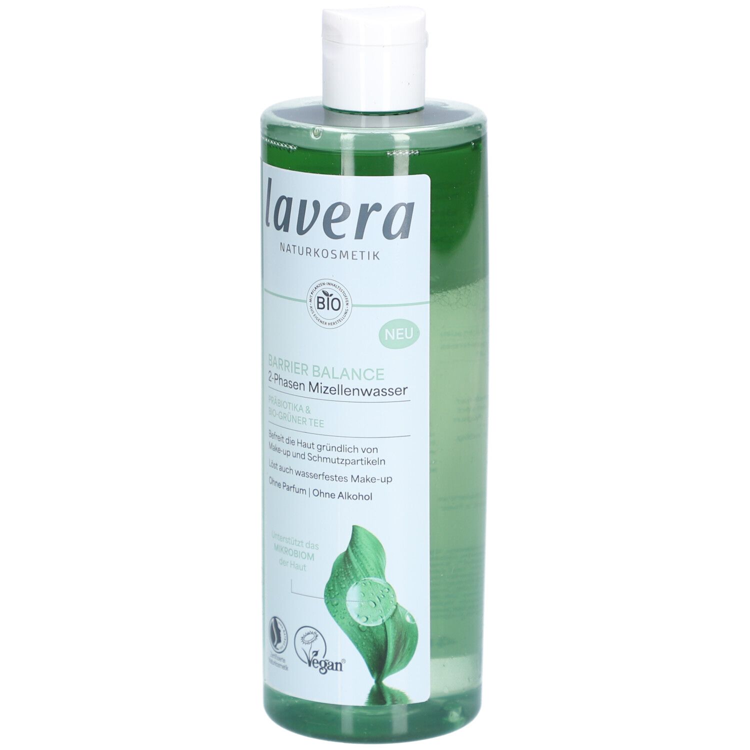 Flacon vert avec bouchon blanc. Inscription: lavera, Barrier Balance 2-Phasen Mizellenwasser. Label bio et logo vegan.