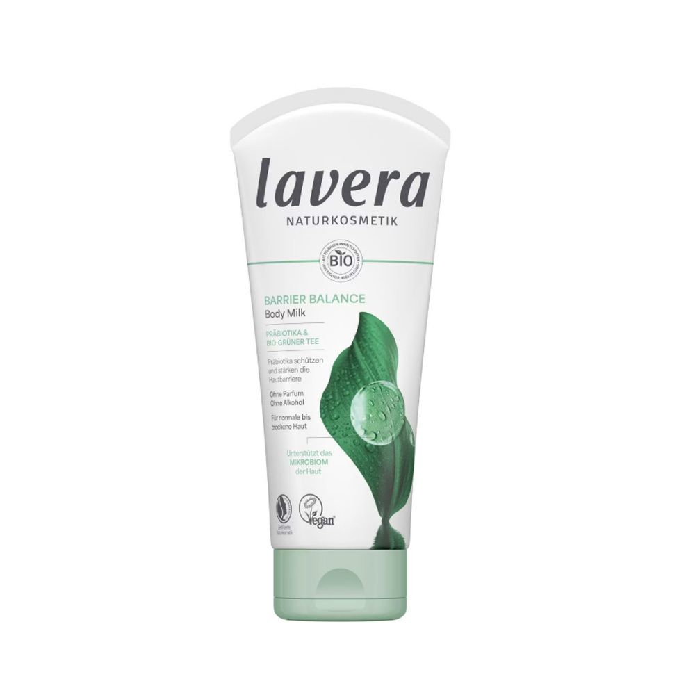 Tube de lavera Barrier Balance Body Milk. Emballage blanc et vert, motif feuille verte. Texte : Barrier Balance, Body Milk, Bio-Grüntee.
