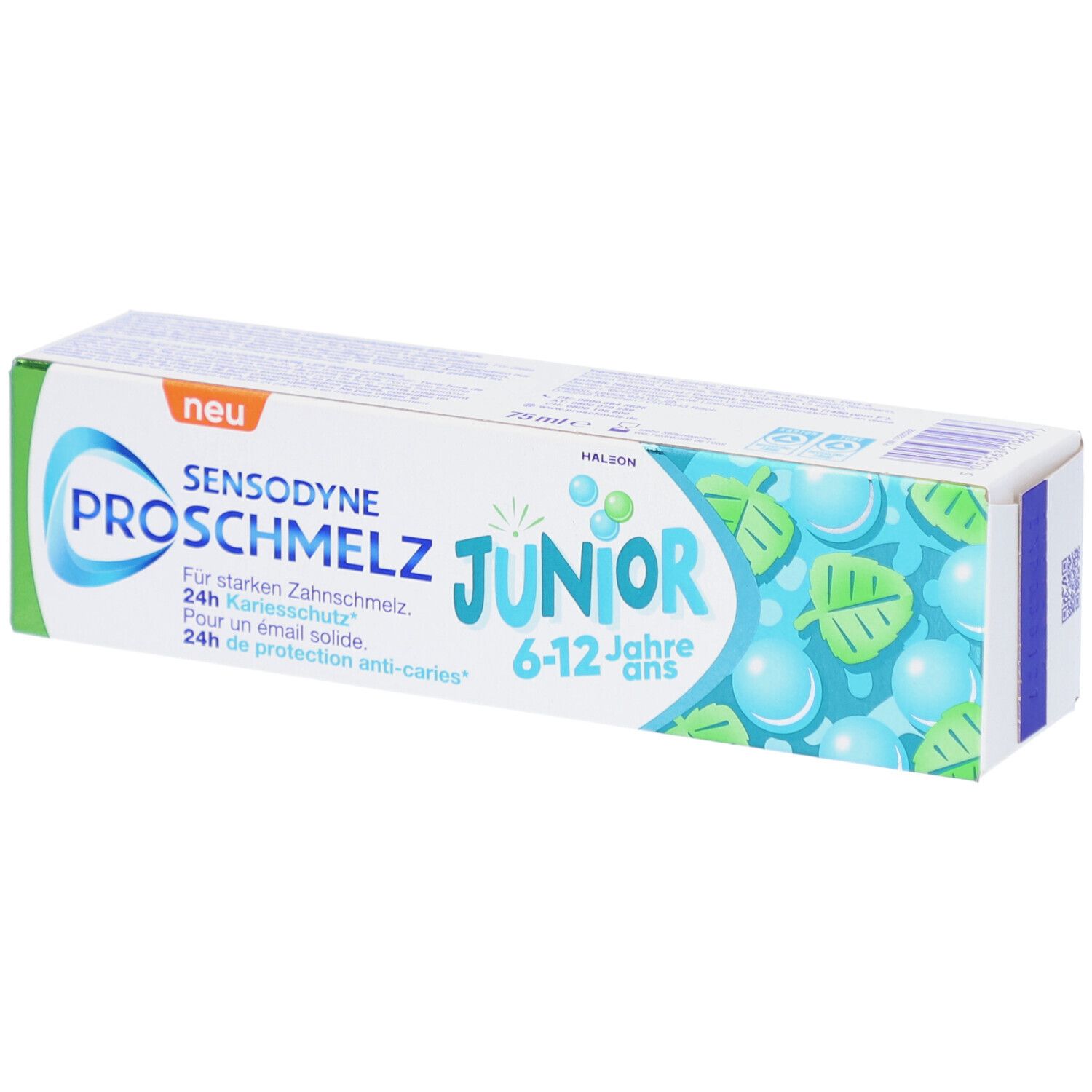 Emballage de dentifrice Sensodyne ProSchmelz Junior 6-12 ans. Vert, blanc et bleu. Inscriptions et illustrations.