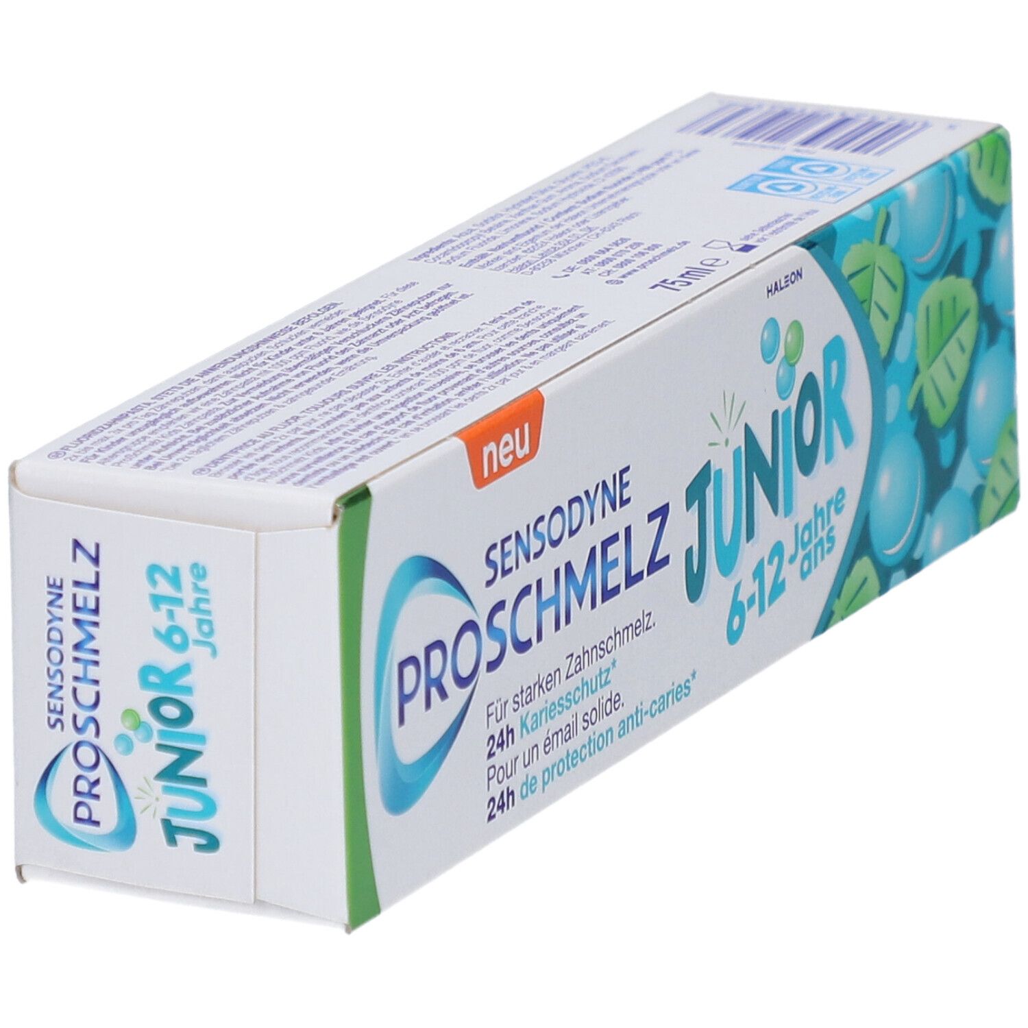 Emballage de dentifrice Sensodyne ProSchmelz Junior 6-12 ans. En biais. Vert, blanc et bleu. Inscriptions et illustrations.