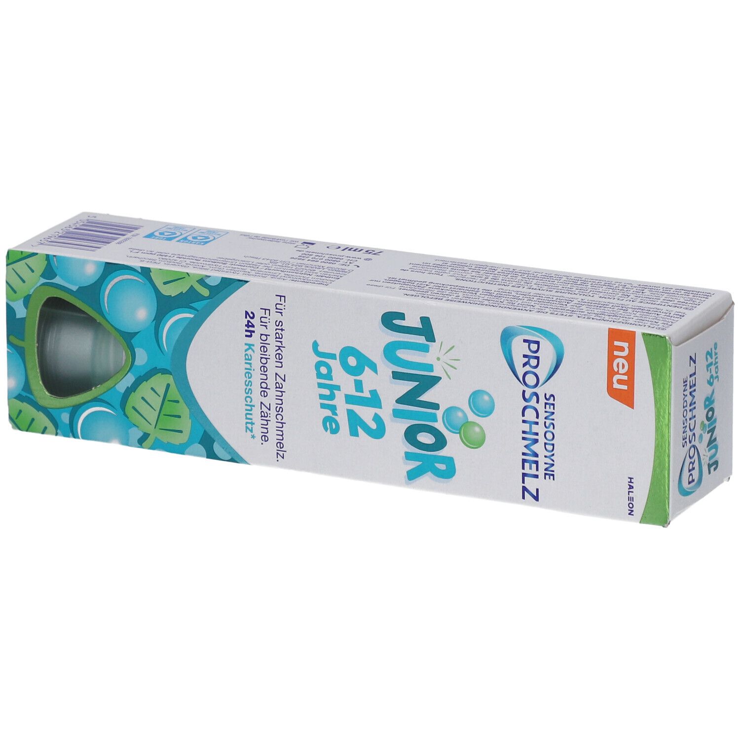Emballage de dentifrice Sensodyne ProSchmelz Junior 6-12 ans. Vert, blanc et bleu. Inscriptions et illustrations.