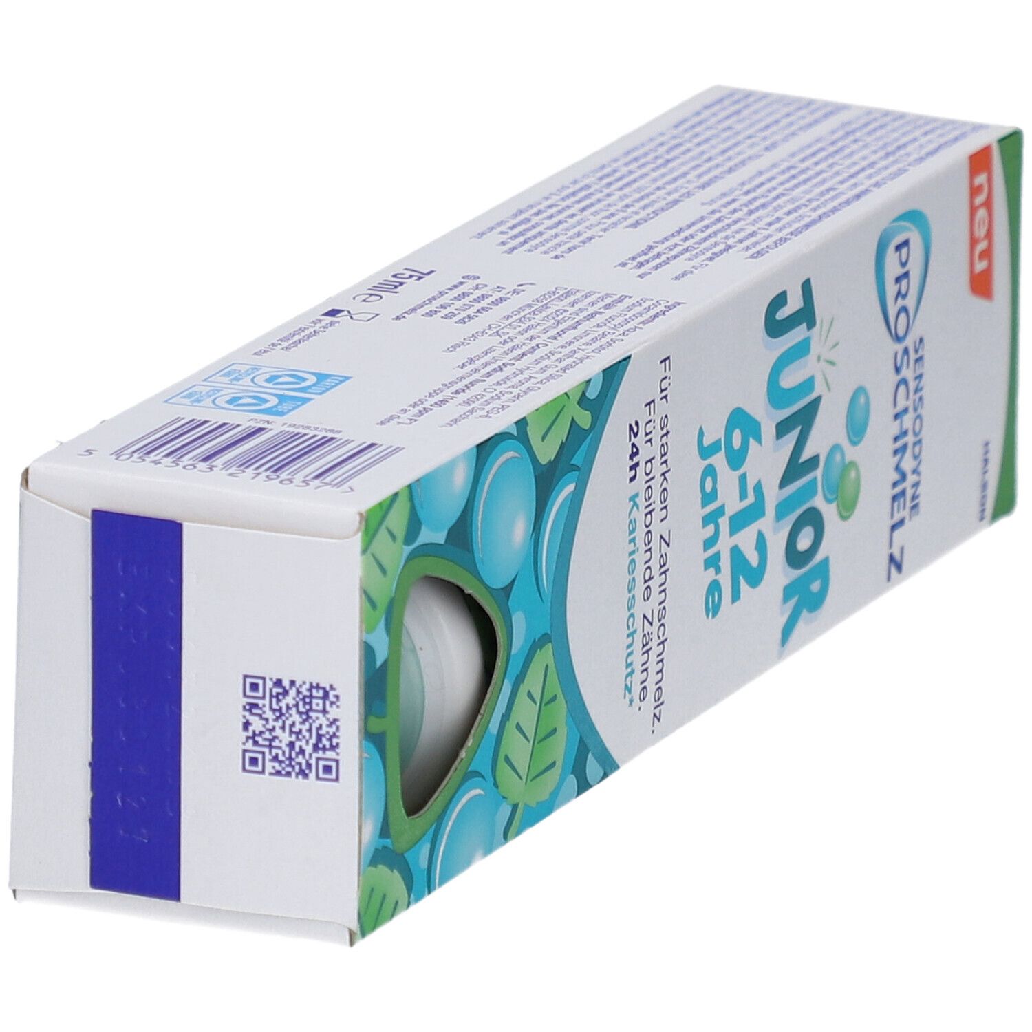 Emballage de dentifrice Sensodyne ProSchmelz Junior 6-12 ans. Vert, blanc et bleu. Inscriptions et illustrations.
