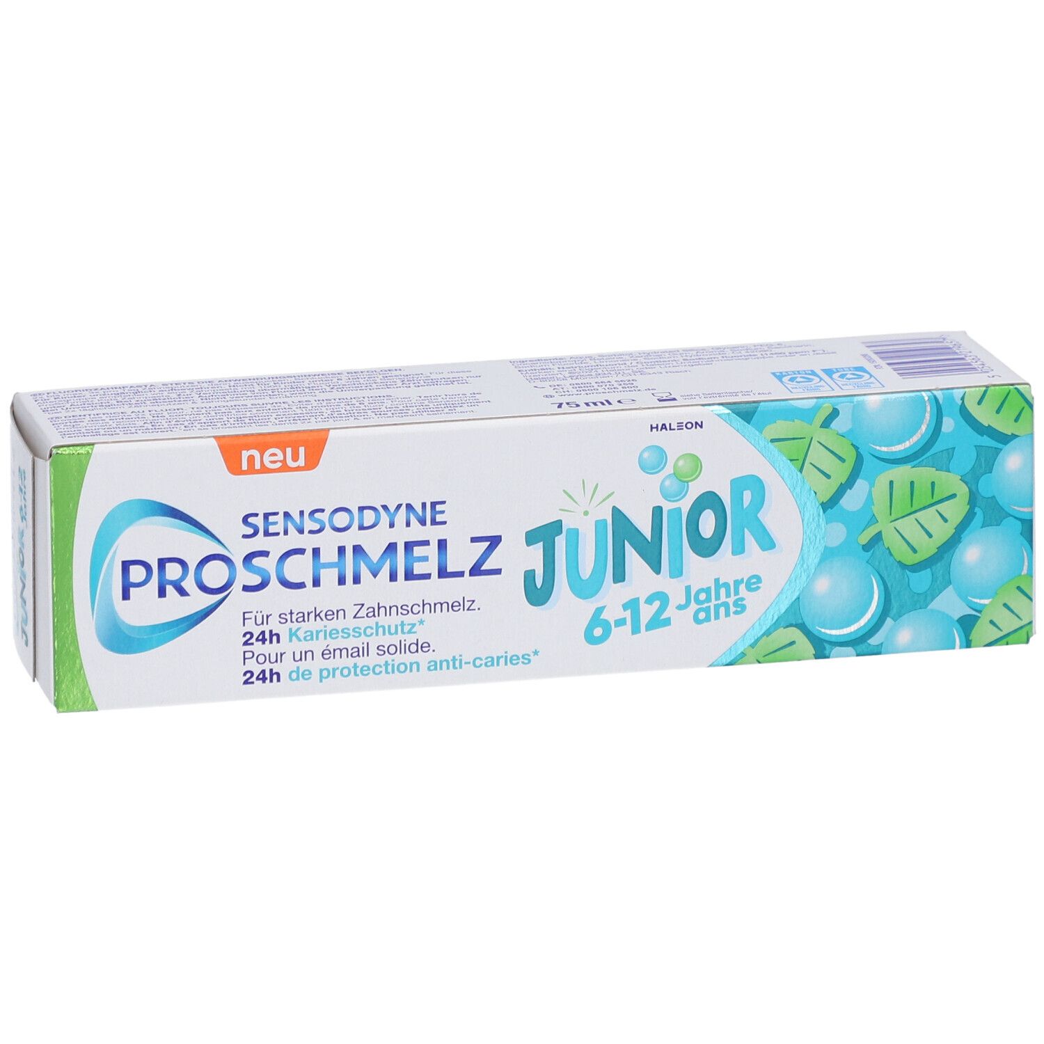 Emballage de dentifrice Sensodyne ProSchmelz Junior 6-12 ans. Vert, blanc et bleu. Inscriptions et illustrations.