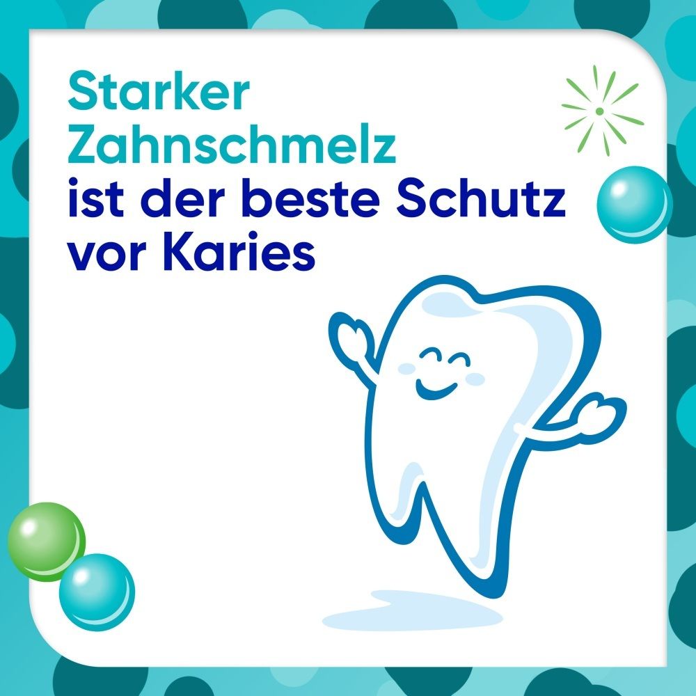 Ein lächelnder Zahn mit Armen und Beinen springt vor Freude. Text: Starker Zahnschmelz ist der beste Schutz vor Karies.