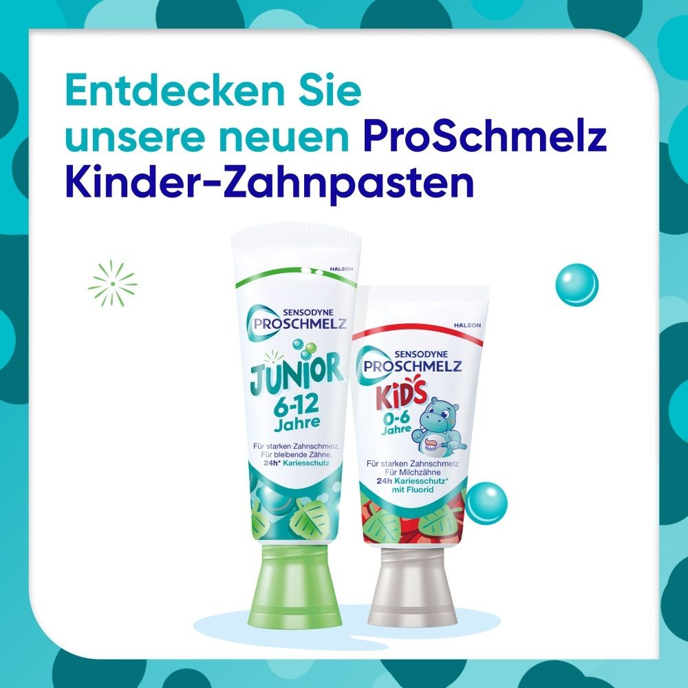 Zwei Tuben Sensodyne ProSchmelz Kinder-Zahnpasta: Junior (6-12 Jahre) und Kids (0-6 Jahre).