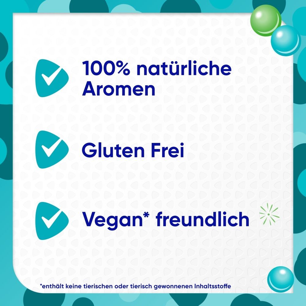 Drei Aufzählungspunkte: 100% natürliche Aromen, Glutenfrei, Vegan freundlich.