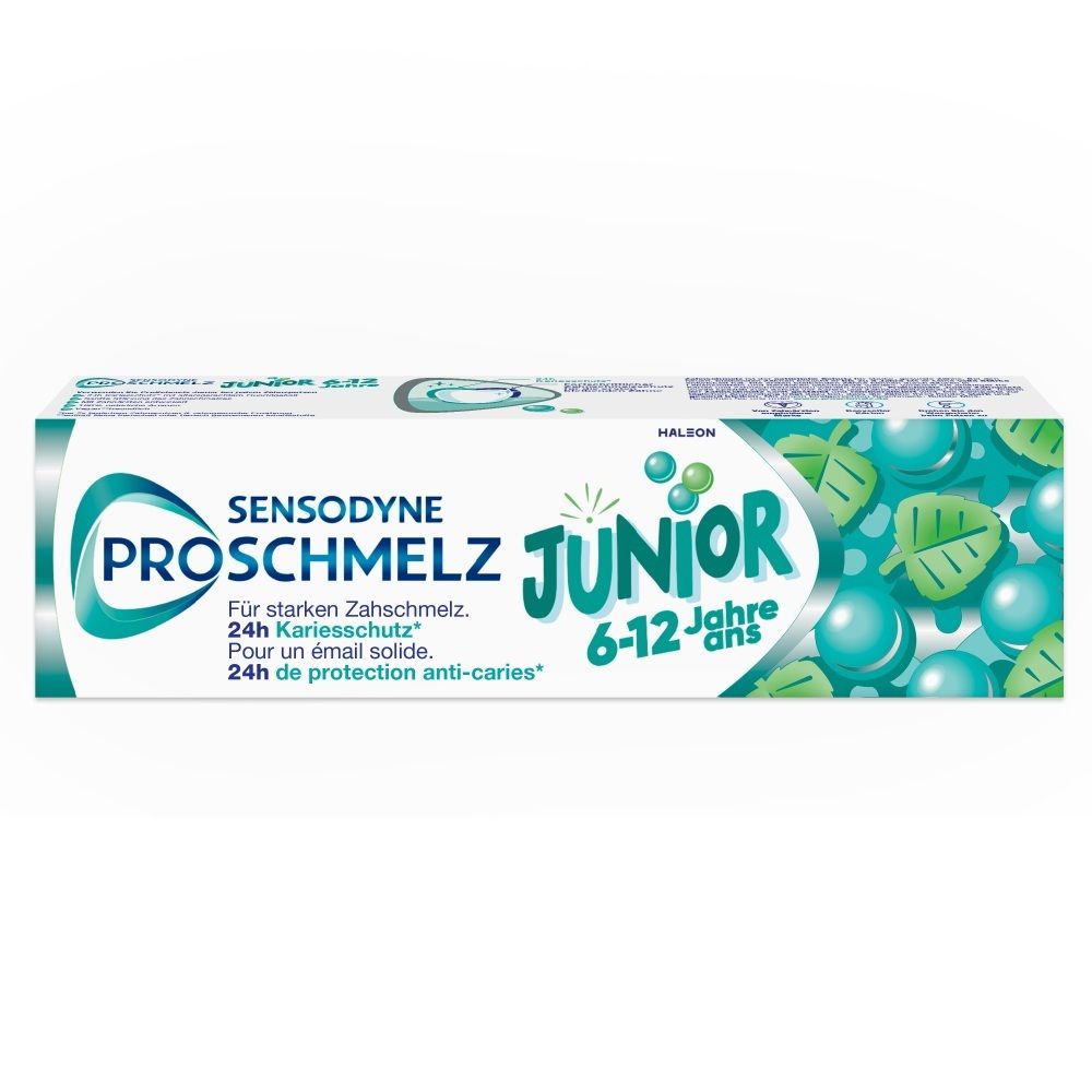 Sensodyne ProSchmelz Junior Zahnpasta-Verpackung für Kinder von 6-12 Jahren.