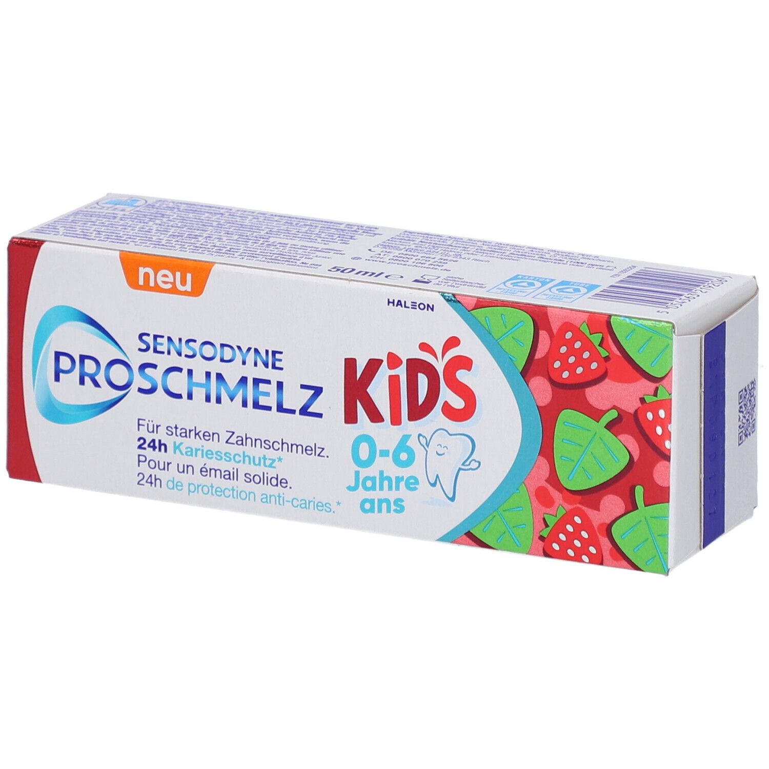 Zahnpasta-Verpackung mit "SENSODYNE ProSchmelz Kids 0-6 Jahre". Rote und weiße Schachtel mit Erdbeeren-Design.