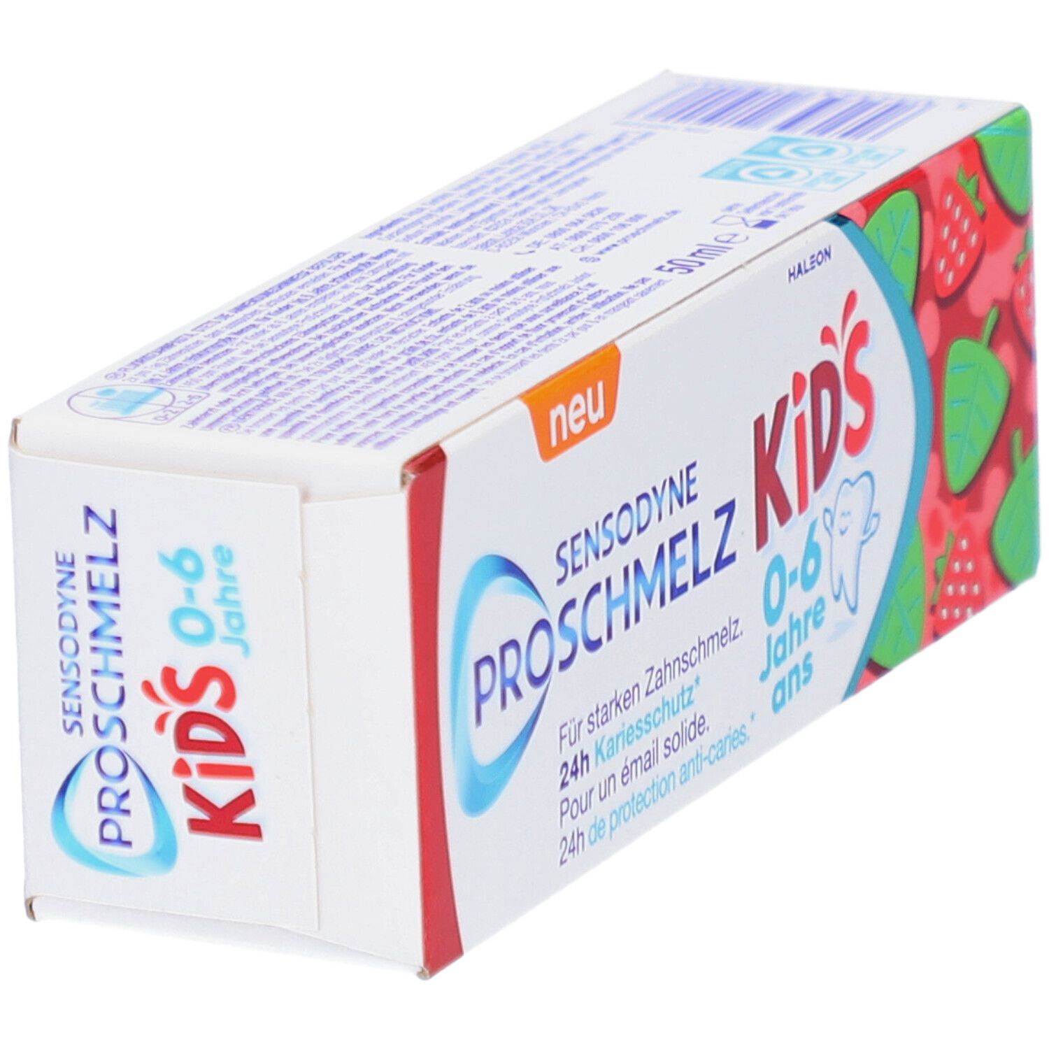 Schrägansicht der Zahnpasta-Verpackung "SENSODYNE ProSchmelz Kids 0-6 Jahre". Rote und weiße Schachtel mit Erdbeeren.
