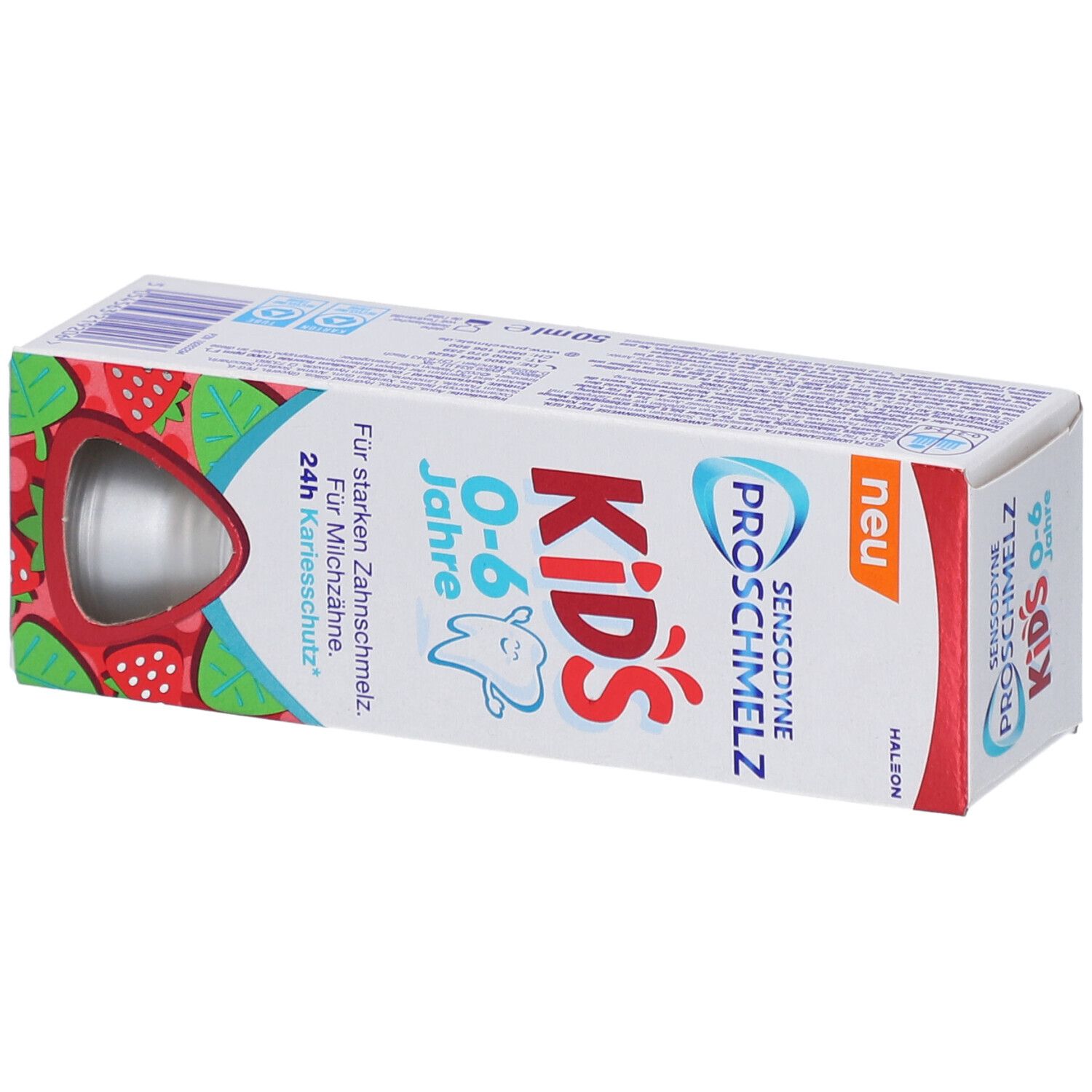 Zahnpasta-Verpackung "SENSODYNE ProSchmelz Kids 0-6 Jahre" mit geöffneter Öffnung. Erdbeer-Design.