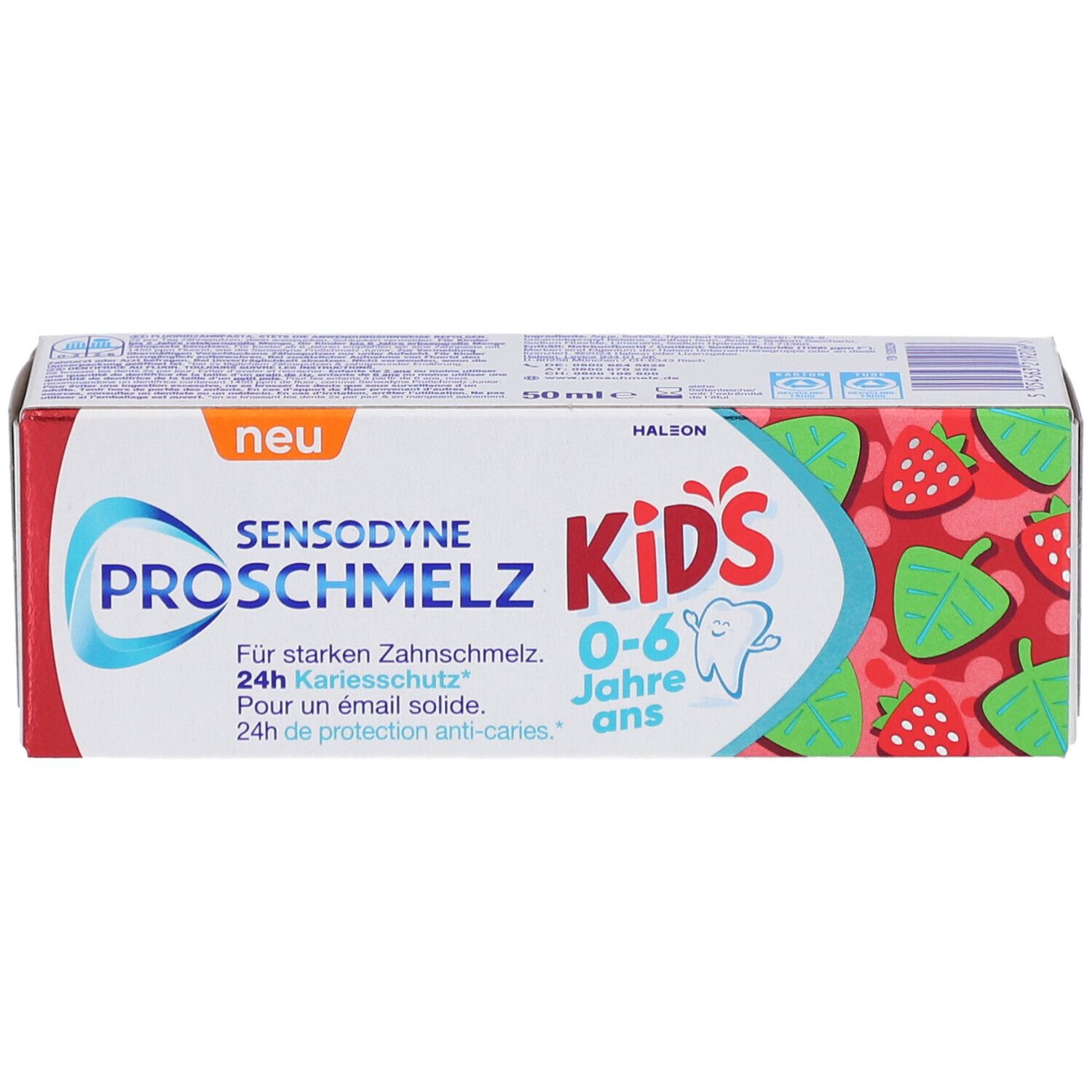 Zahnpasta-Verpackung "SENSODYNE ProSchmelz Kids 0-6 Jahre". Rote und weiße Schachtel mit Erdbeeren-Design.