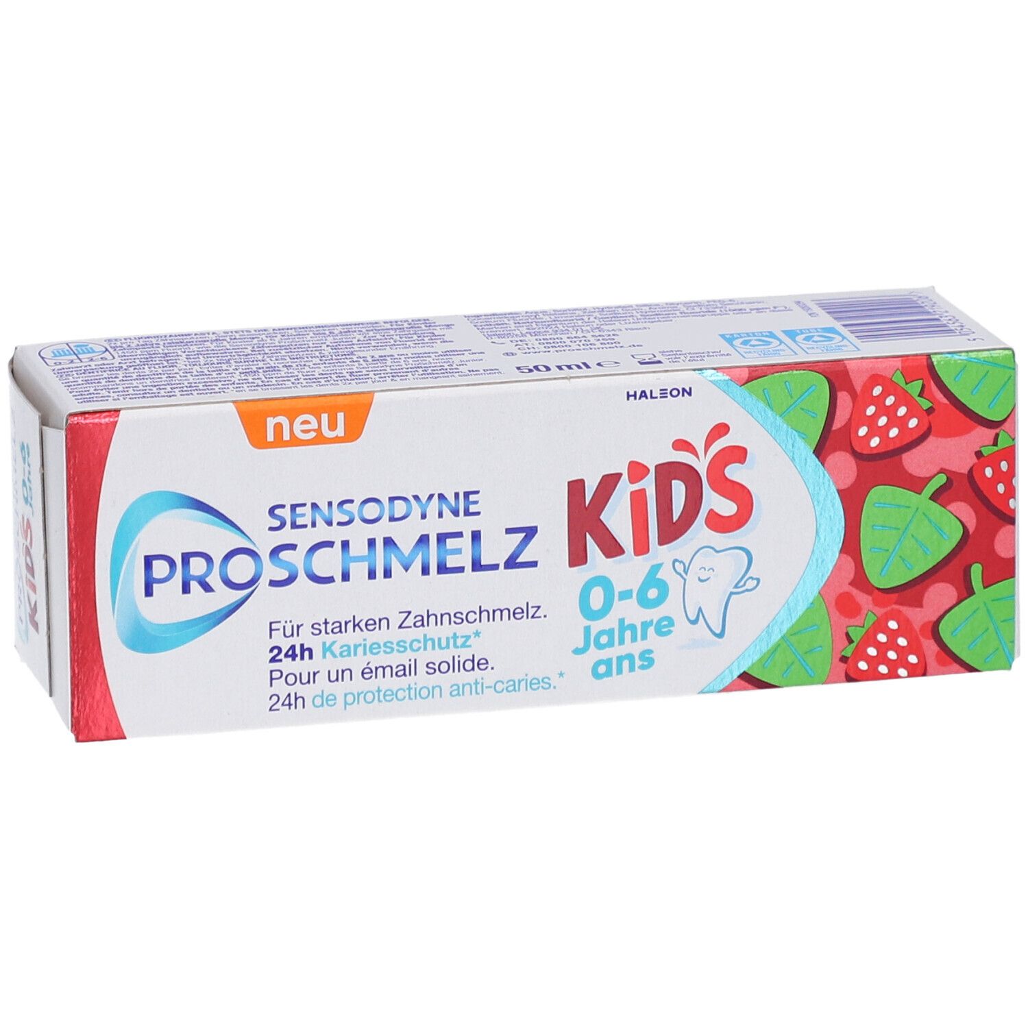Zahnpasta-Verpackung "SENSODYNE ProSchmelz Kids 0-6 Jahre". Rote und weiße Schachtel mit Erdbeeren-Design.