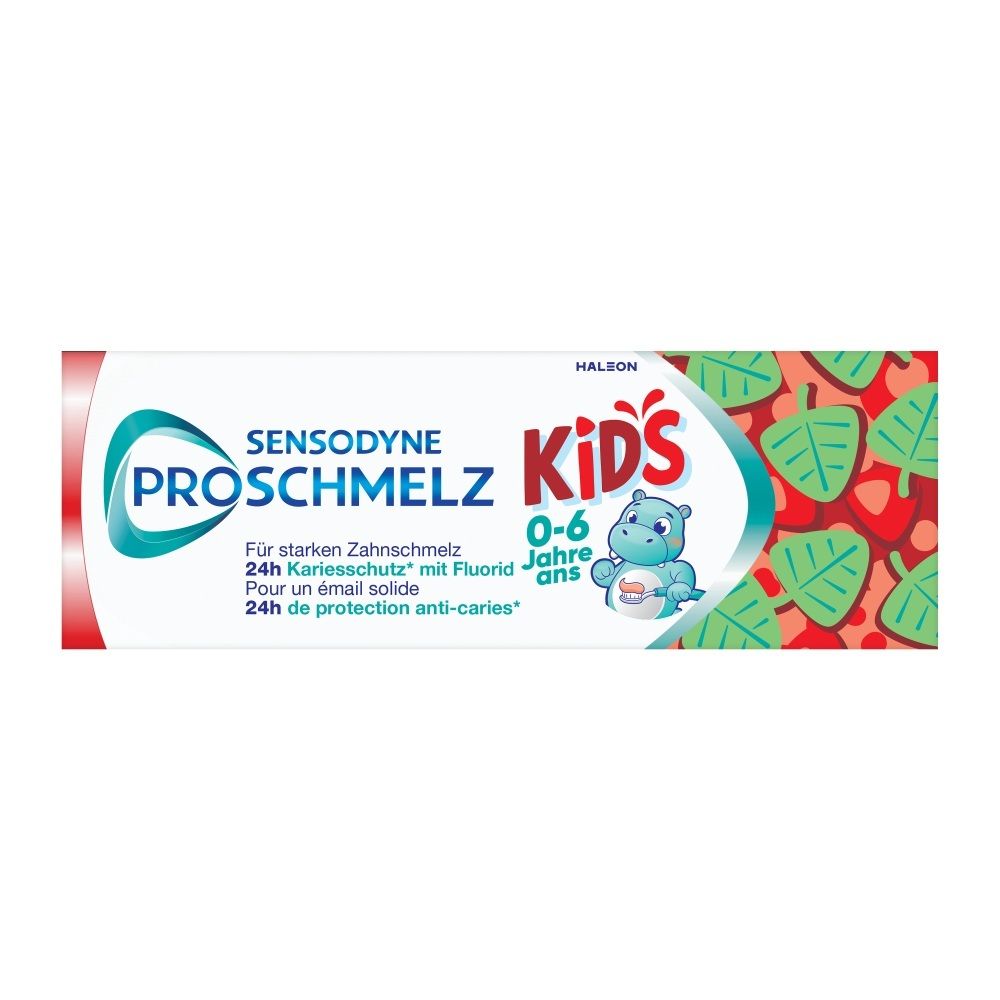 Sensodyne ProSchmelz Kids Zahnpasta-Tube mit einem Cartoon-Nilpferd und Blättermotiv.