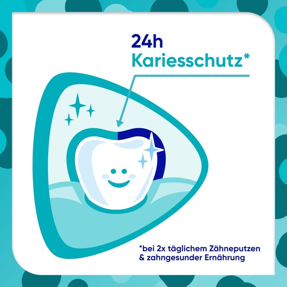 Zahn mit 24h Kariesschutz-Symbol. Ein Lächeln auf dem Zahn.
