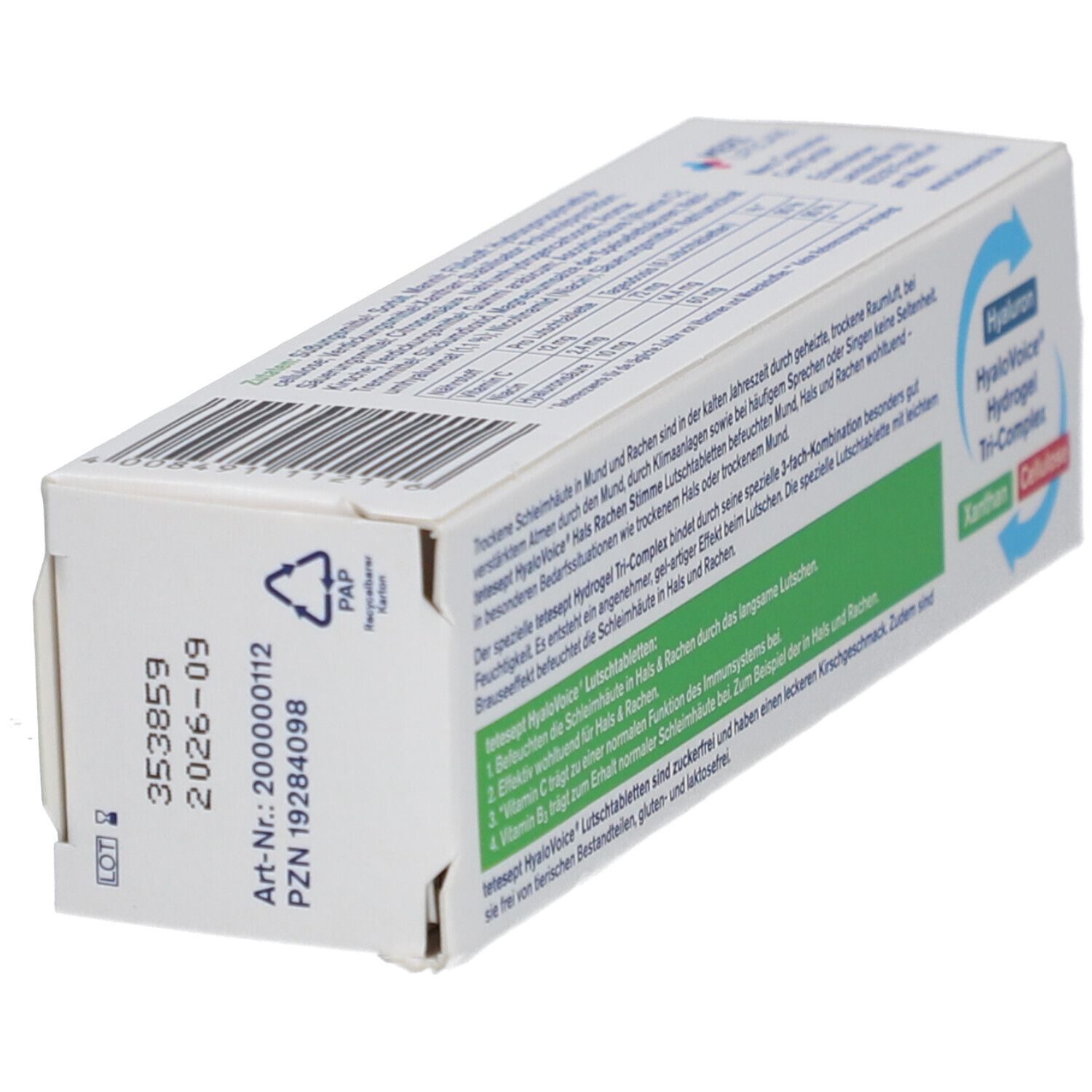 Dos de la boîte de pastilles HyaloVoice. Informations textuelles et logo. tetesept.