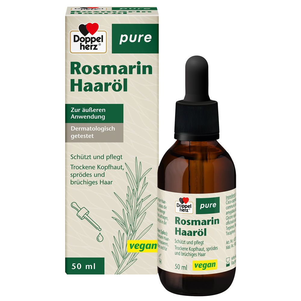 Karton für Doppelherz Rosmarin Haaröl. Enthält Produktname, Logo, Anwendungsbereich, dermatologische Testung und vegan-Siegel.