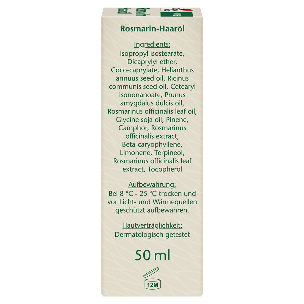 Rückseite der Doppelherz Rosmarin Haaröl Verpackung. Anwendungshinweise und Kontaktinformationen von Queisser Pharma.