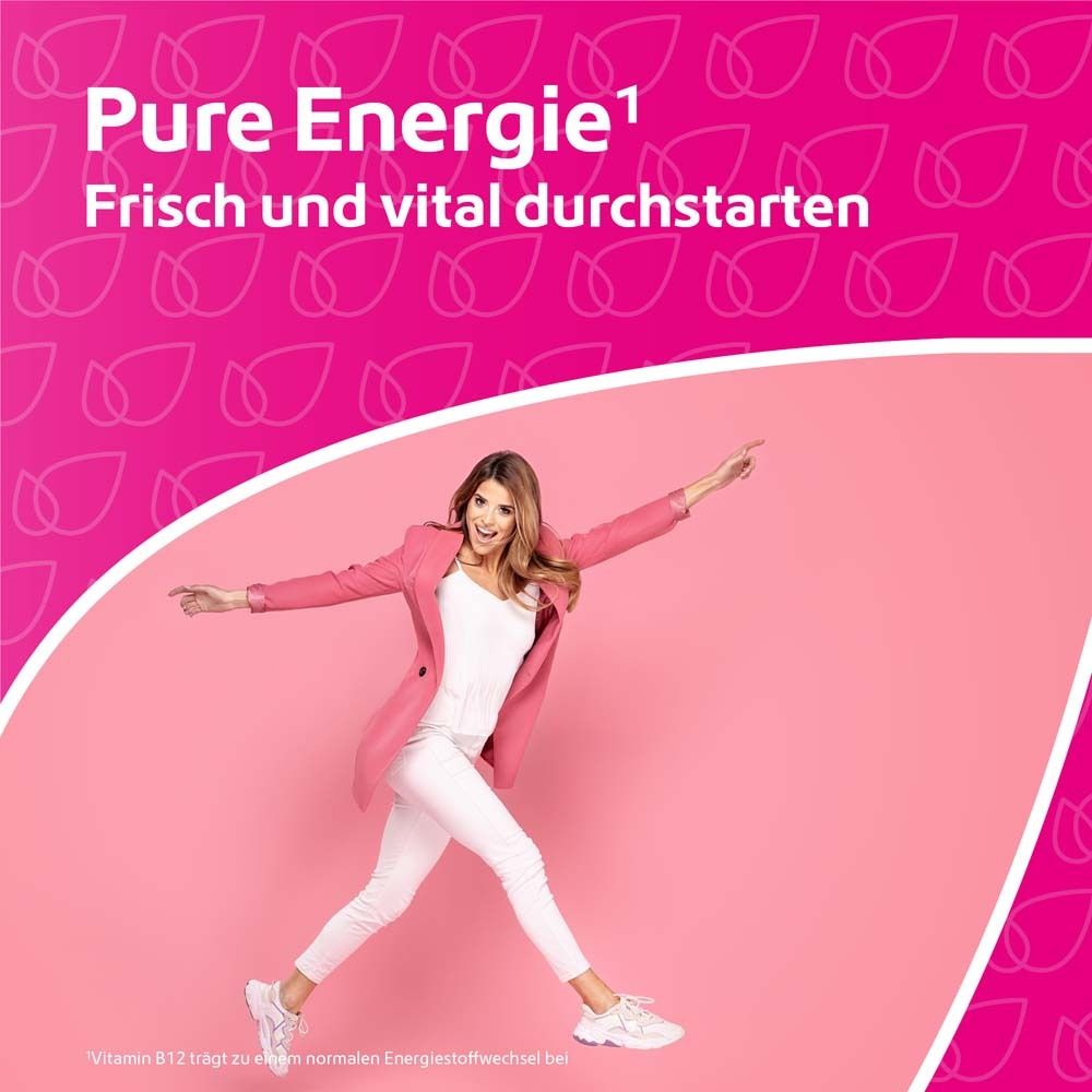 Femme sautant en l'air. Fond rose. Texte : Pure Energie, Démarrer frais et vital.