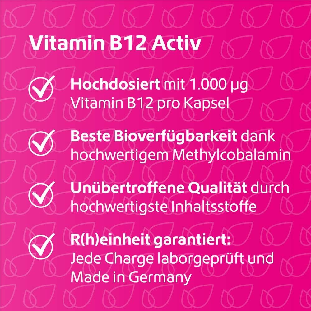 Fond rose avec texte. Vitamine B12 Activ. Fortement dosé, meilleure biodisponibilité, qualité inégalée, pureté garantie.