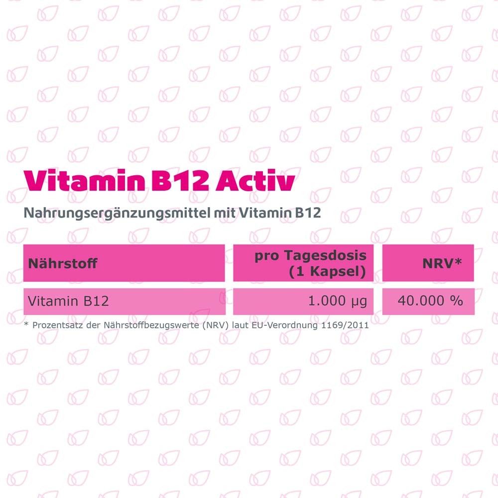 Tableau nutritionnel. Vitamine B12 Activ. 1 000 µg par gélule. VNR 40 000%.