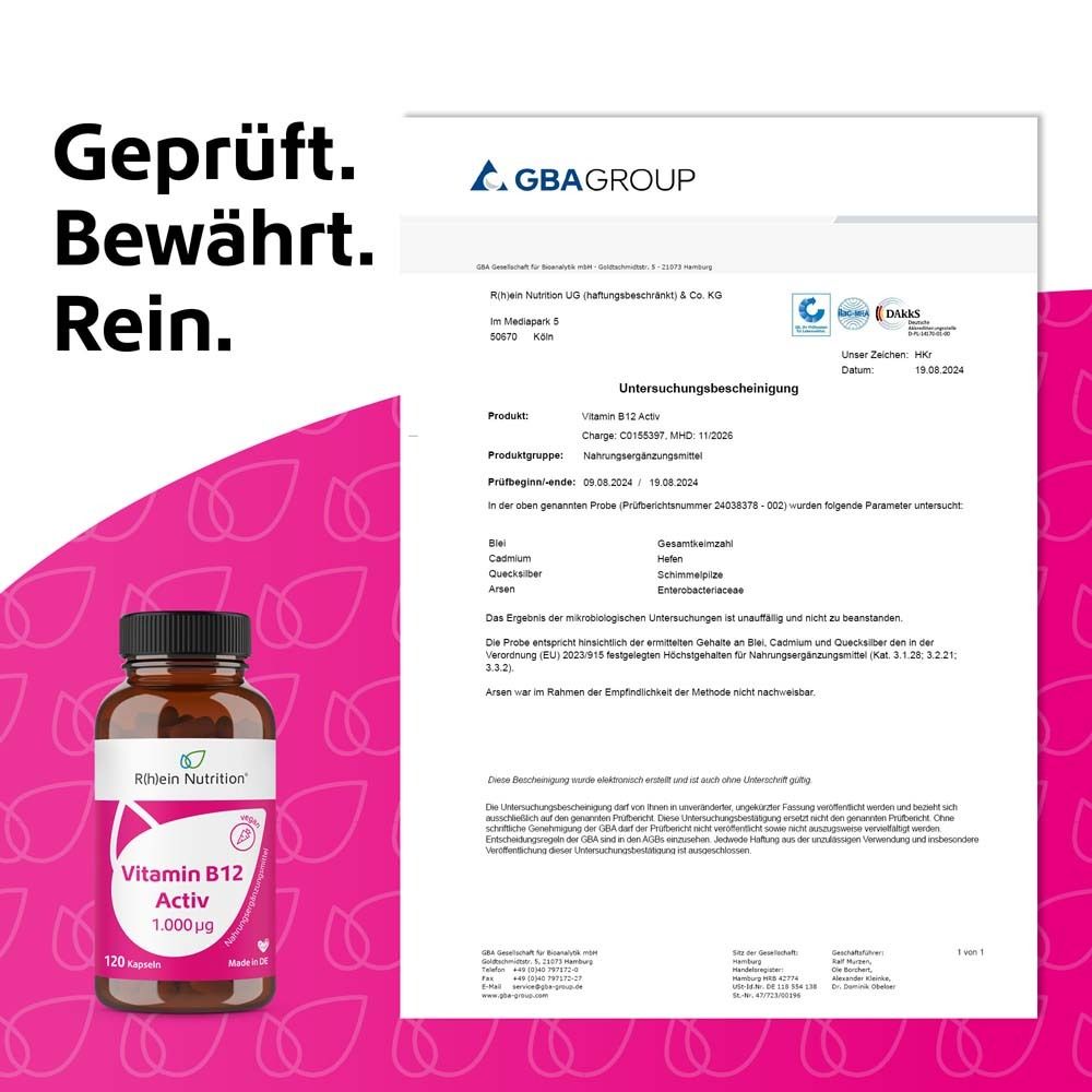 Document de certification. Testé. Éprouvé. Pur. Vitamine B12 Activ. 1 000 µg. 120 gélules.