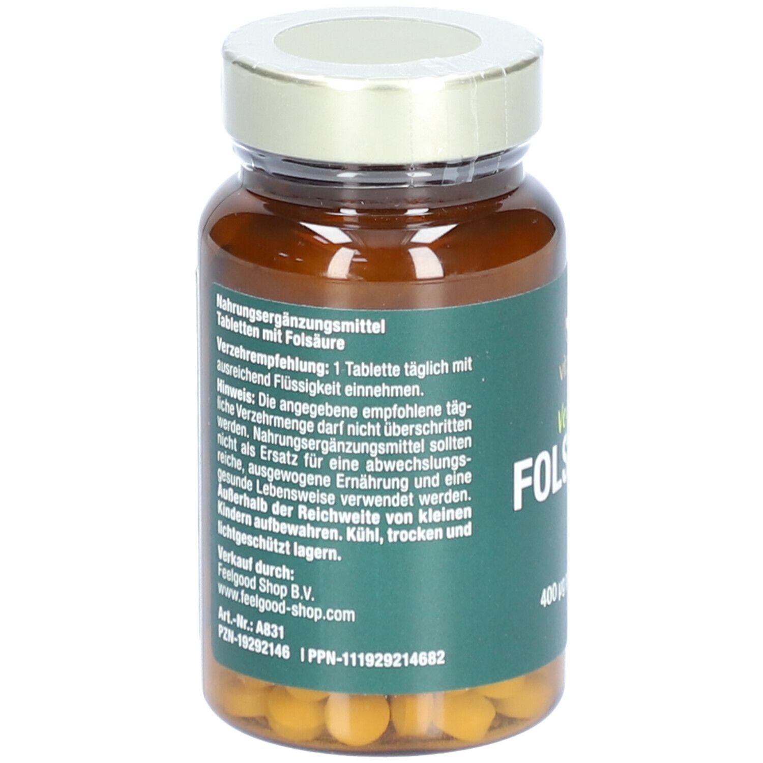 Rückseite der Flasche. Text: Nahrungsergänzungsmittel mit Folsäure. Hinweise. Anschrift.