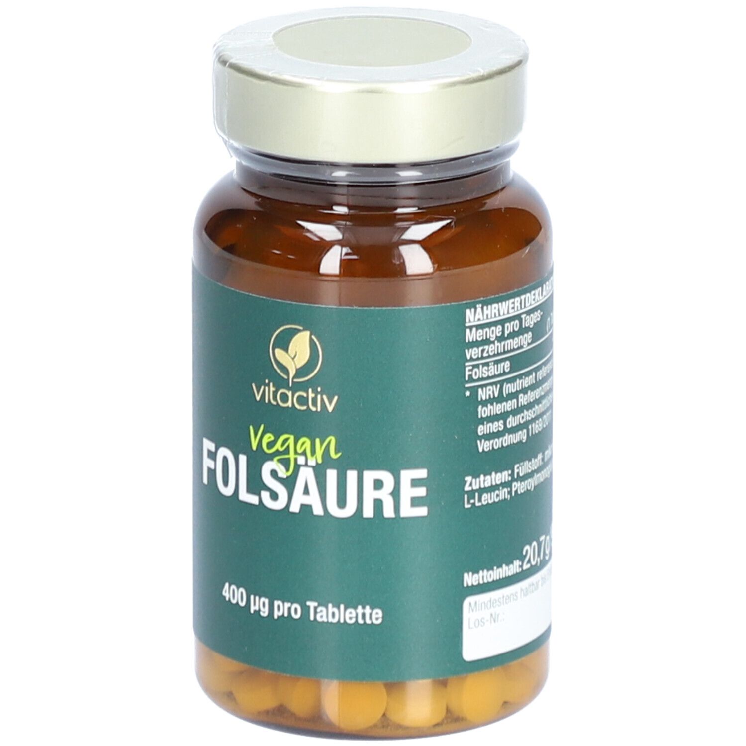 Braune Glasflasche mit grüner Etikett. Aufschrift: Vegan Folsäure 400 µg pro Tablette. Goldfarbener Deckel.
