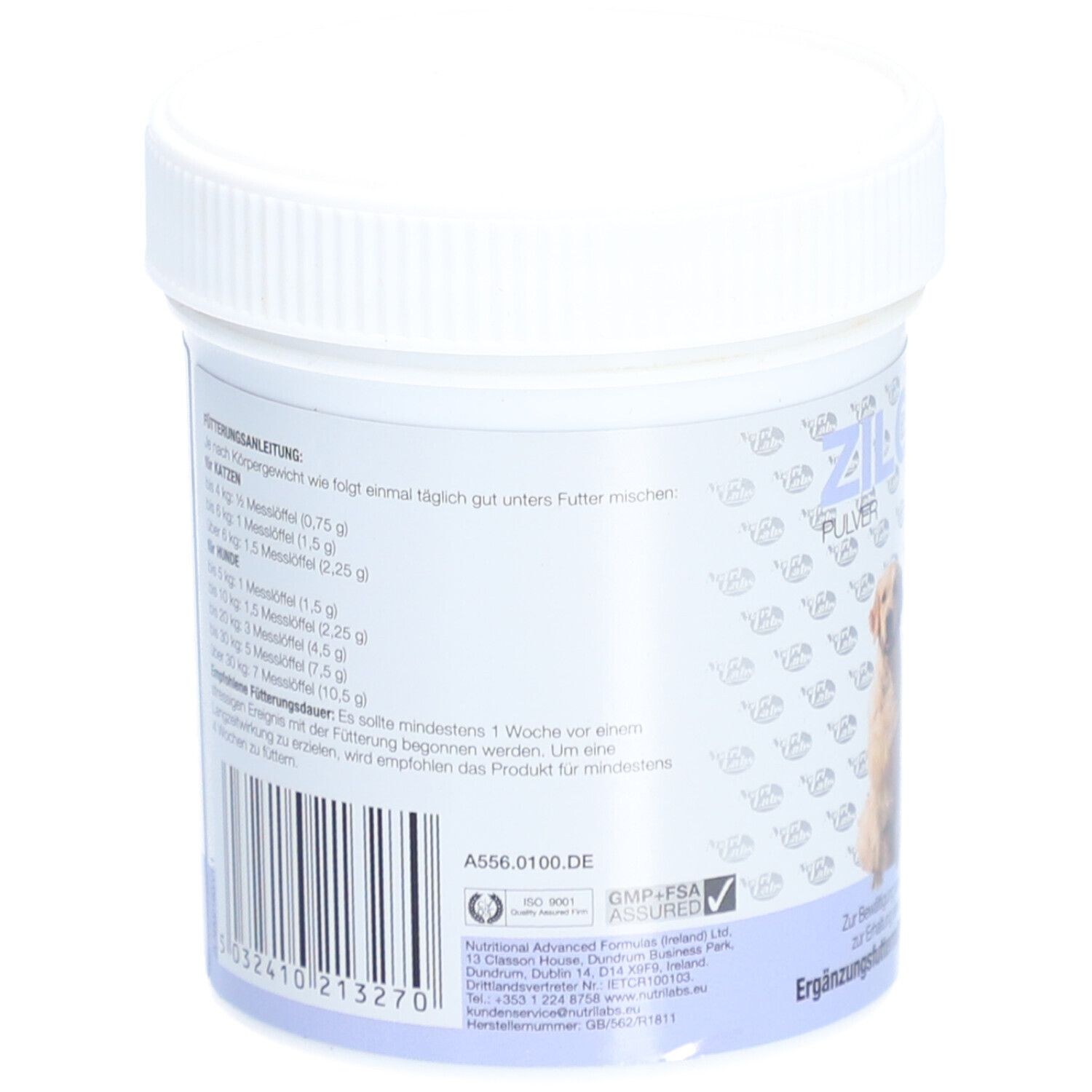 Zylcalm-Dose, Rückseite. Text: Fütterungsempfehlung, Barcode, GMP-FSA-Siegel, Herstelleradresse.