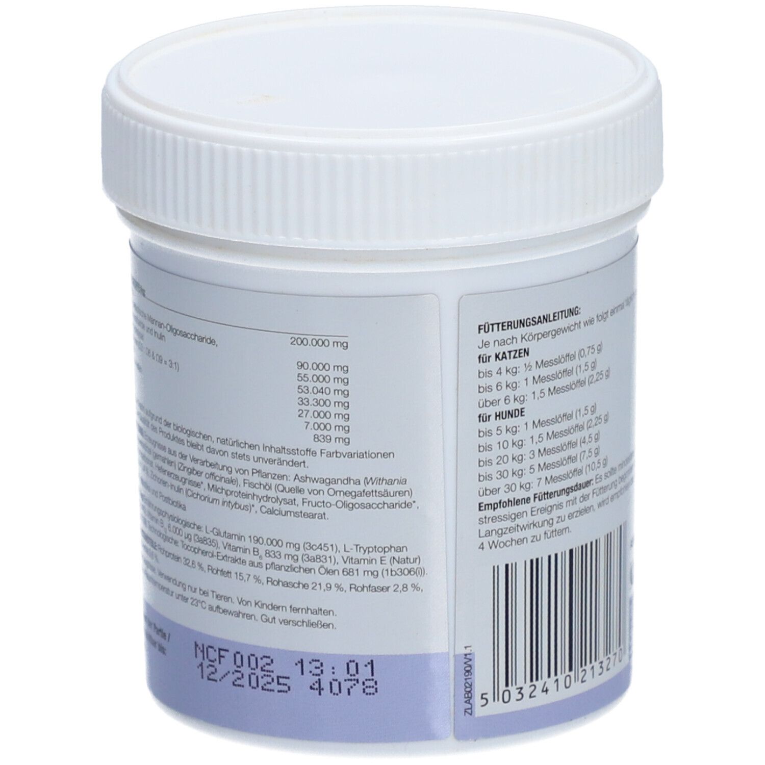 Zylcalm-Dose, Rückseite. Text: Inhaltsstoffe, Fütterungsanleitung für Katzen und Hunde, Barcode.
