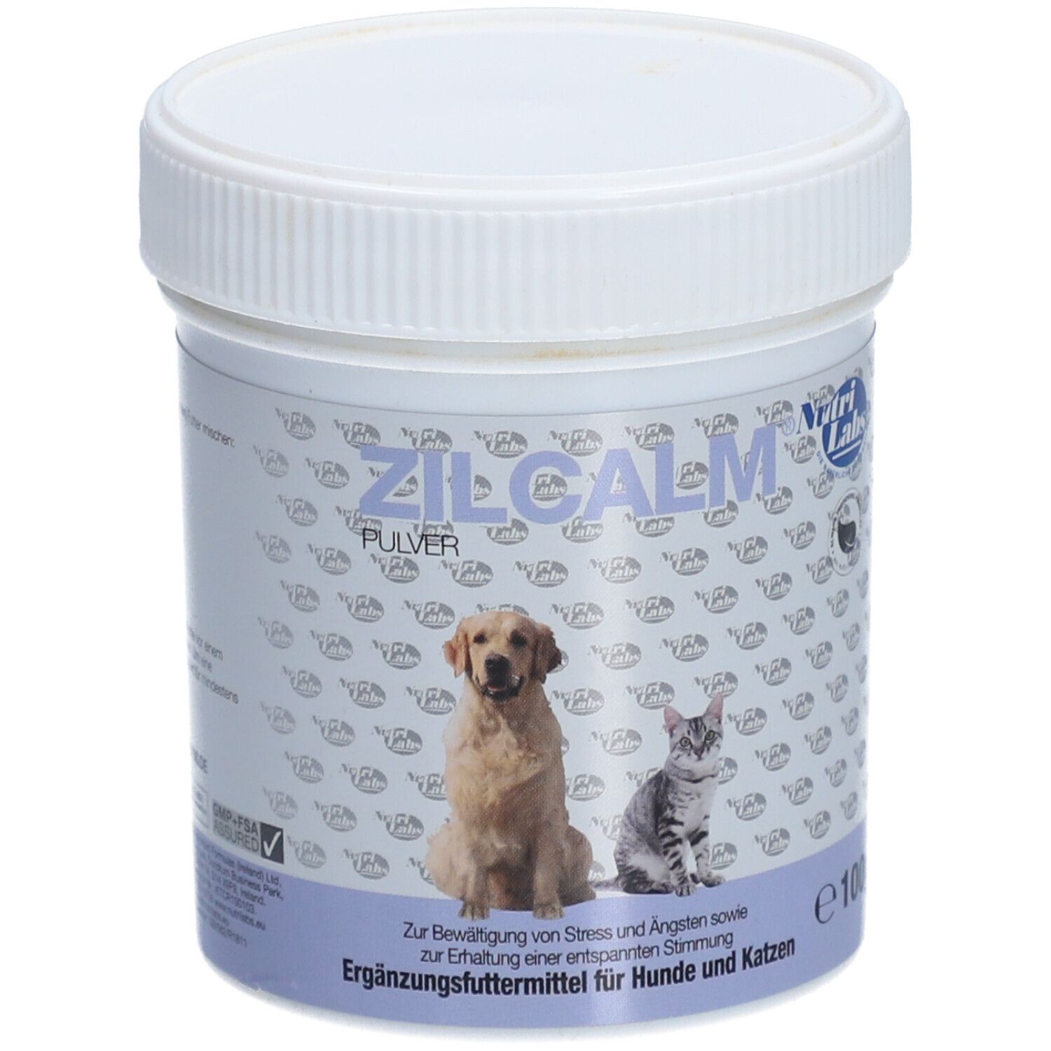 Zylcalm Pulver-Dose. Aufdruck: Hund, Katze, Text. Ergänzungsfuttermittel für Hunde und Katzen. 100g.