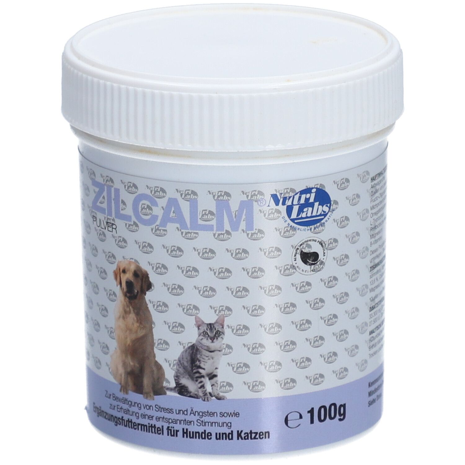 Zylcalm Pulver-Dose. Aufdruck: Hund, Katze, Text. Ergänzungsfuttermittel für Hunde und Katzen. 100g.