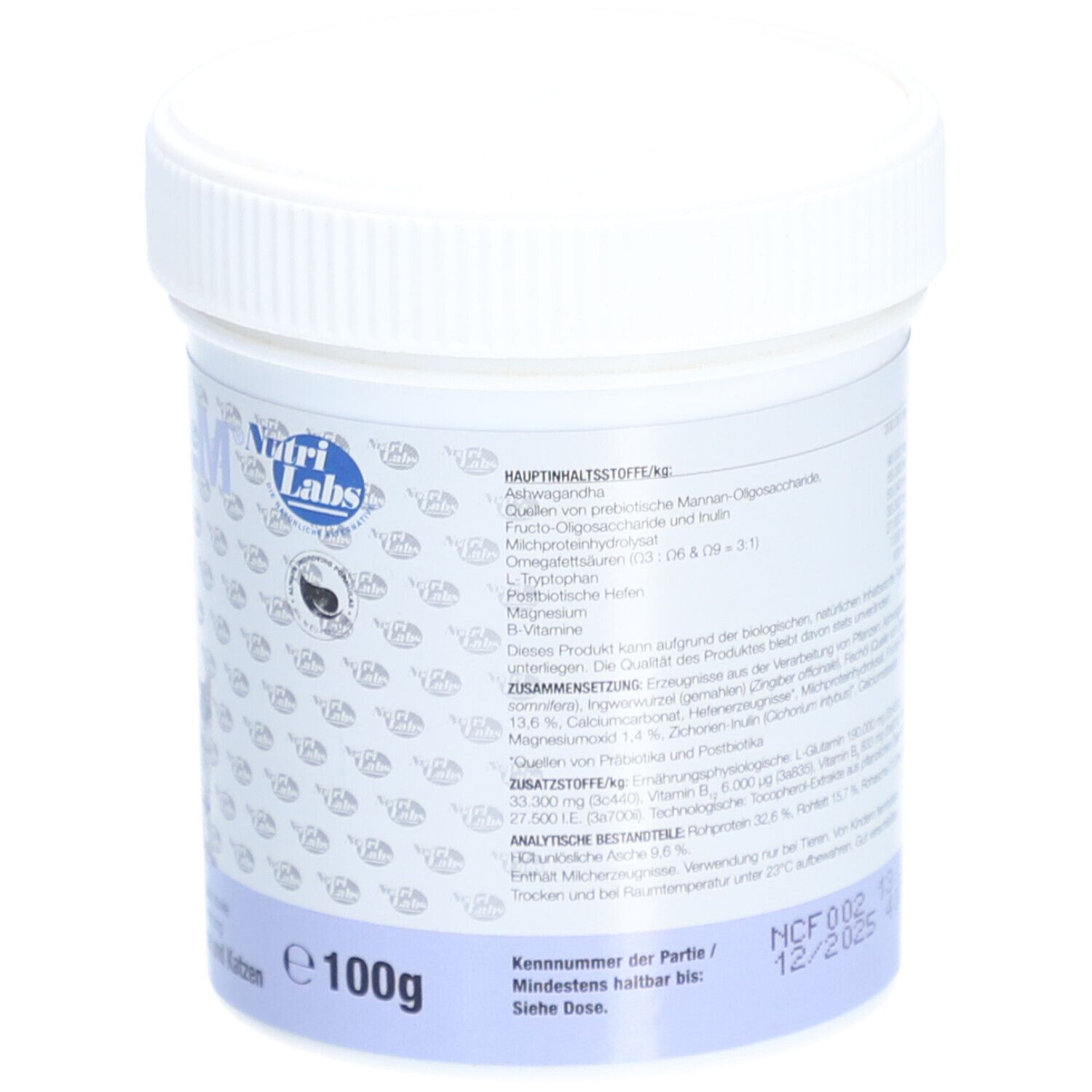 Zylcalm-Dose, Rückseite. Text: Inhaltsstoffe, Mindesthaltbarkeit, 100g.
