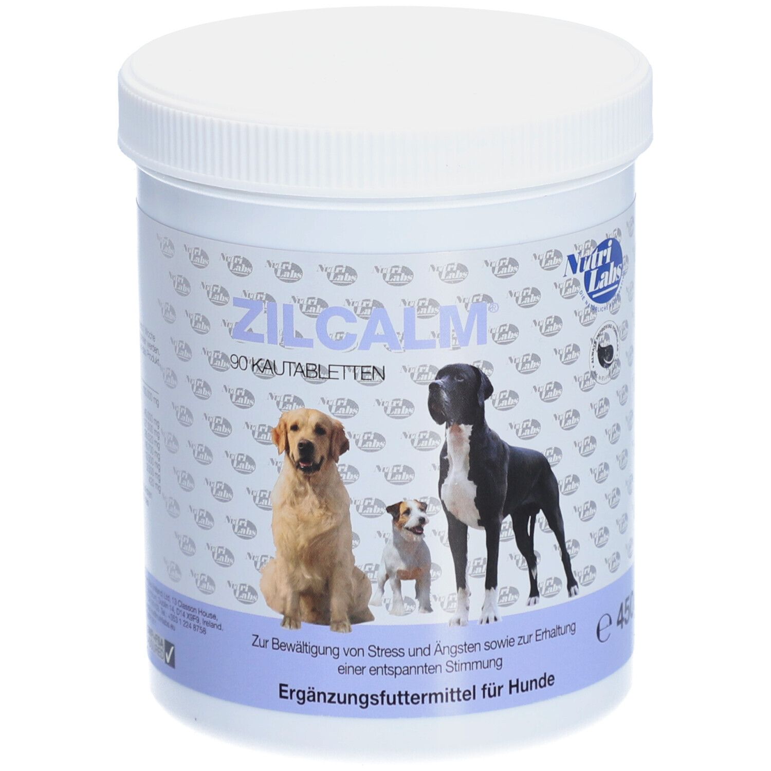 Contenant cylindrique blanc avec couvercle. Inscription: ZILCALM, 90 comprimés à mâcher. Image de chiens. Texte: Aliment complémentaire pour chiens.