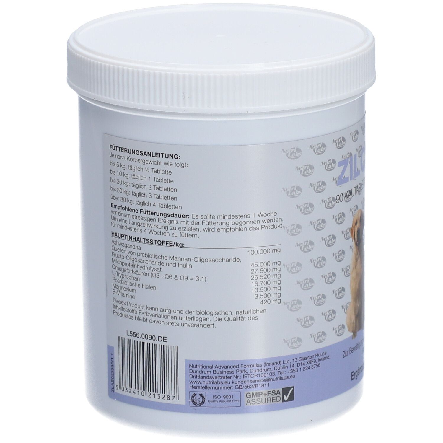Dos du contenant cylindrique blanc. Texte: Instructions d'alimentation, principaux ingrédients, durée d'alimentation recommandée. Sceau GMP-FSA.