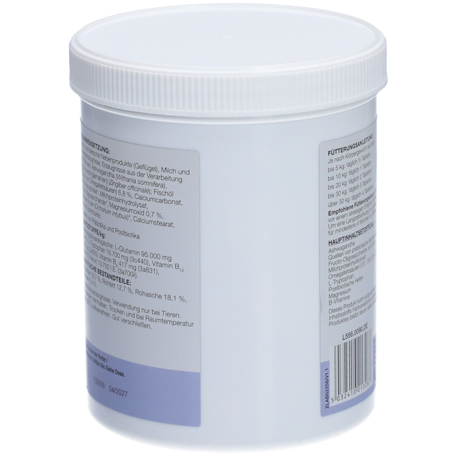 Dos du contenant cylindrique blanc. Texte: Composition, additifs, composants analytiques. Sceau GMP-FSA.