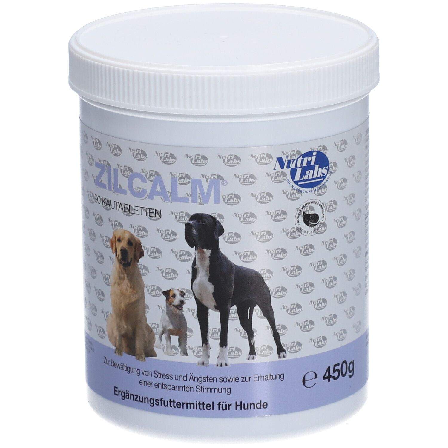 Contenant cylindrique blanc avec couvercle. Inscription: ZILCALM, 90 comprimés à mâcher. Image de chiens. Texte: Aliment complémentaire pour chiens. 450g.