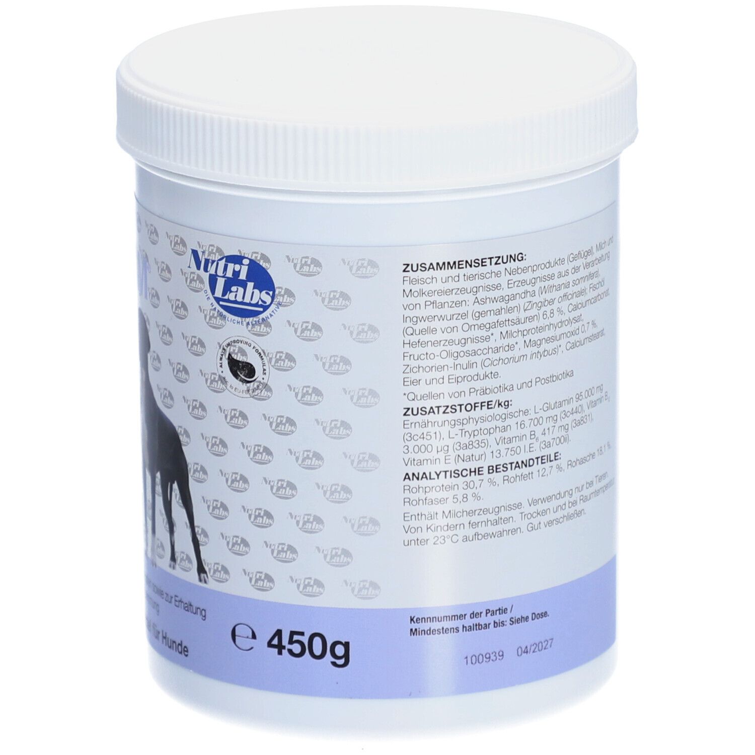 Dos du contenant cylindrique blanc. Texte: Composition, composants analytiques. 450g. Date de péremption.